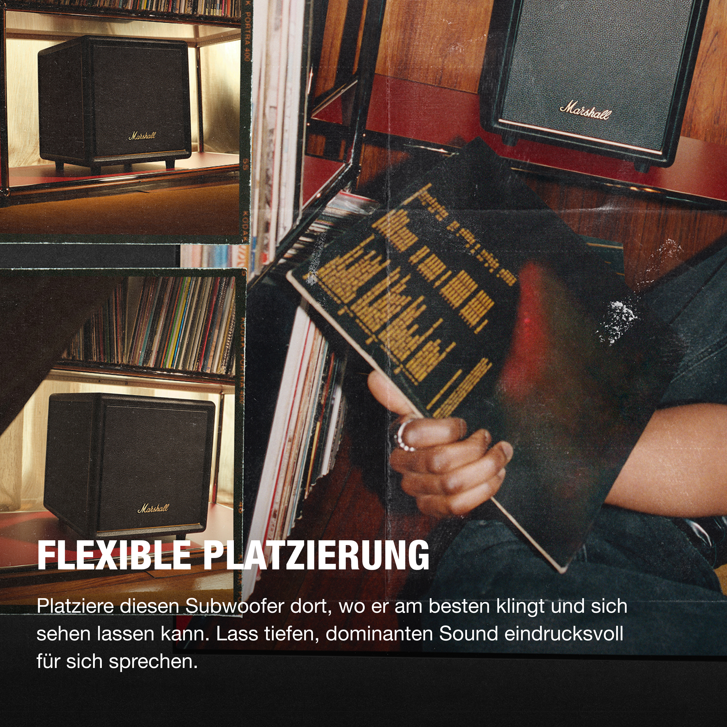 Schwarzer Marshall-Lautsprecher auf einem Regal, eine Hand hält ein Buch, mit Schallplatten und Holzgrund.