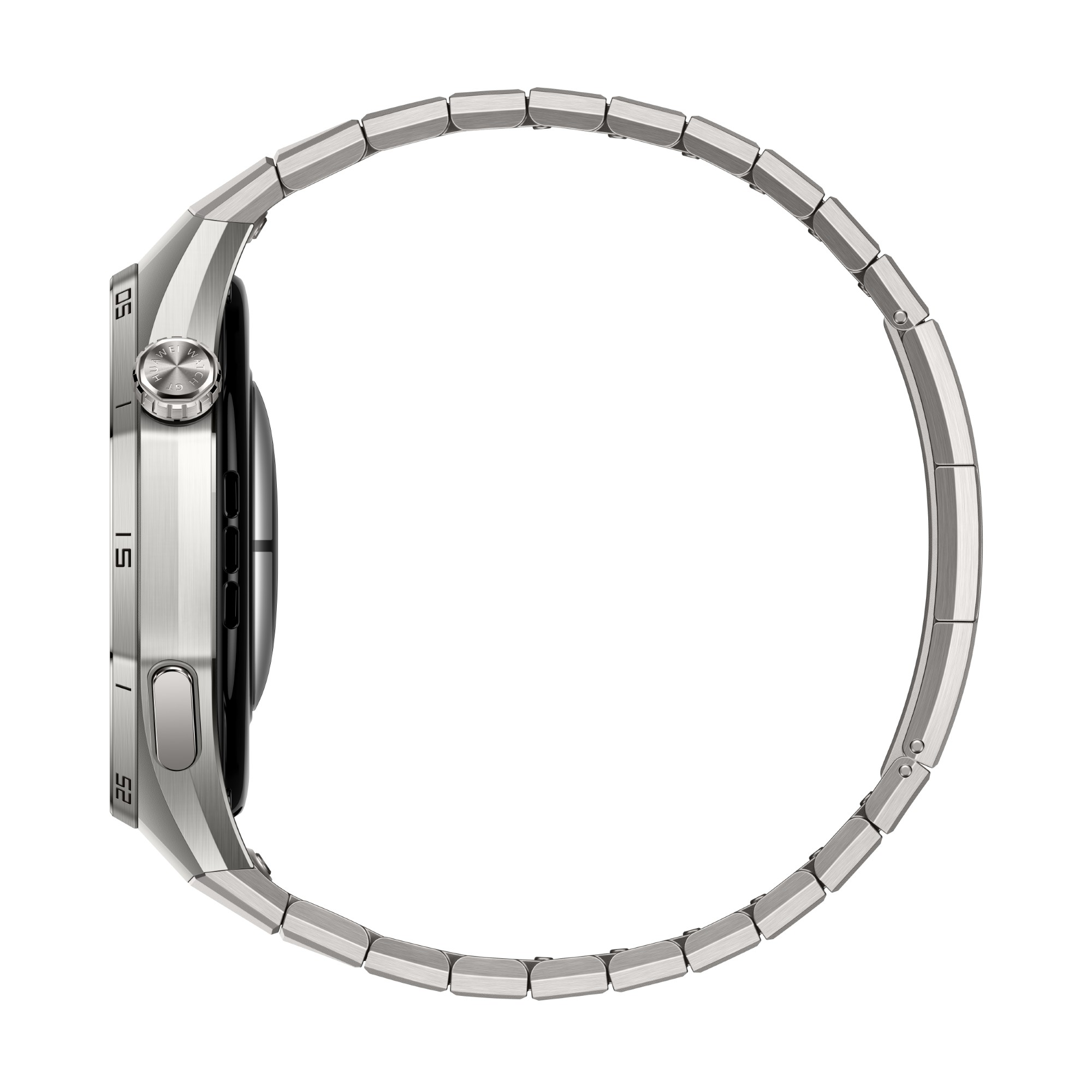 Srebrny smartwatch z profilu, pokazujący tarczę z cyframi i metalową bransoletę.