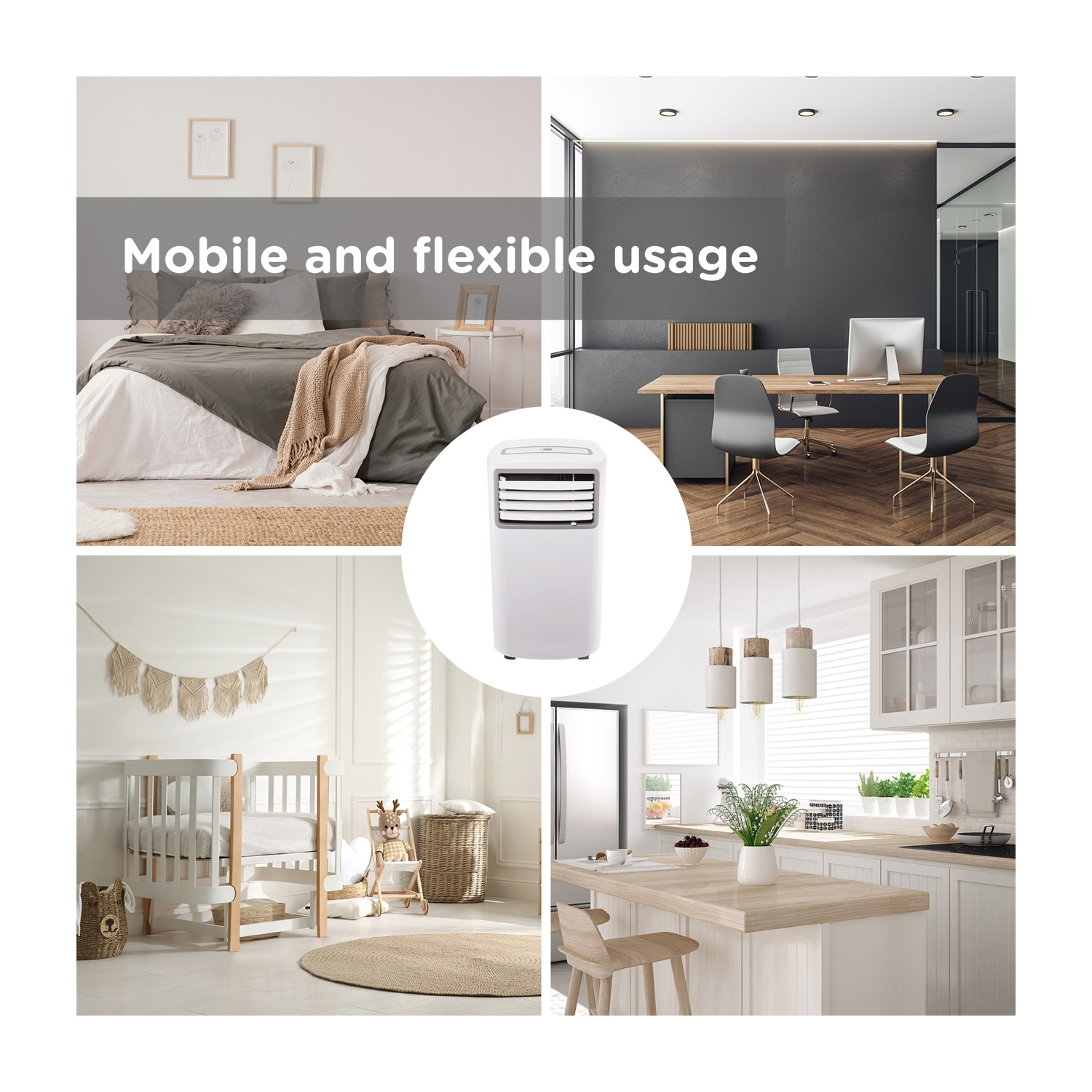 L'immagine mostra un condizionatore d'aria in varie impostazioni: camera da letto, ufficio, asilo nido e cucina. Testo: Uso mobile e flessibile.