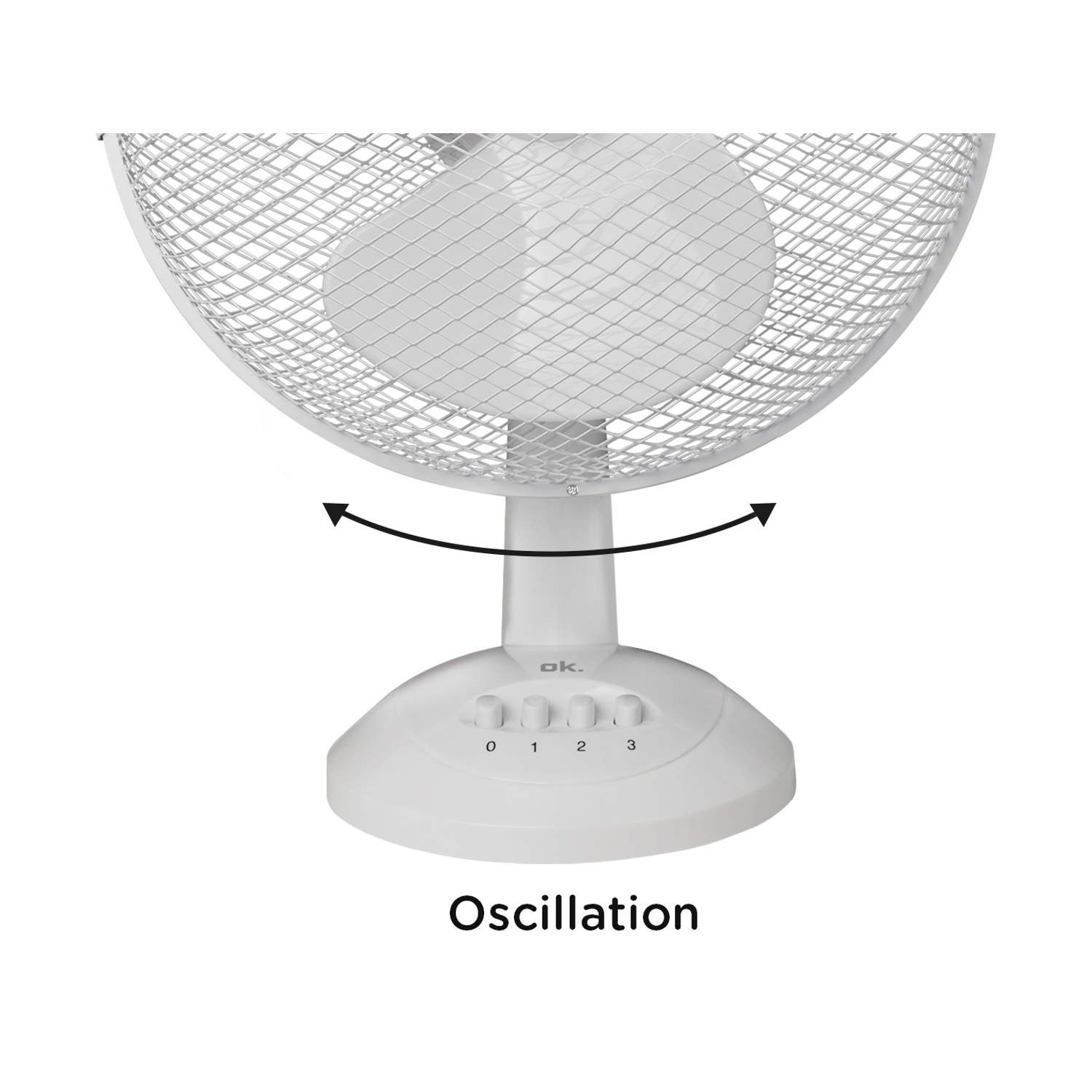 Un ventilatore oscillante bianco con griglia di sicurezza e base con impostazioni di velocità. Il testo "Oscillazione" è sotto.