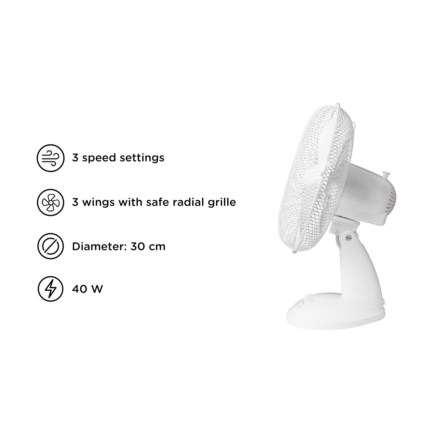 Un ventilatore elettrico bianco con tre velocità, tre pale, diametro 30 cm, 40W. Dotato di griglia radiale sicura.