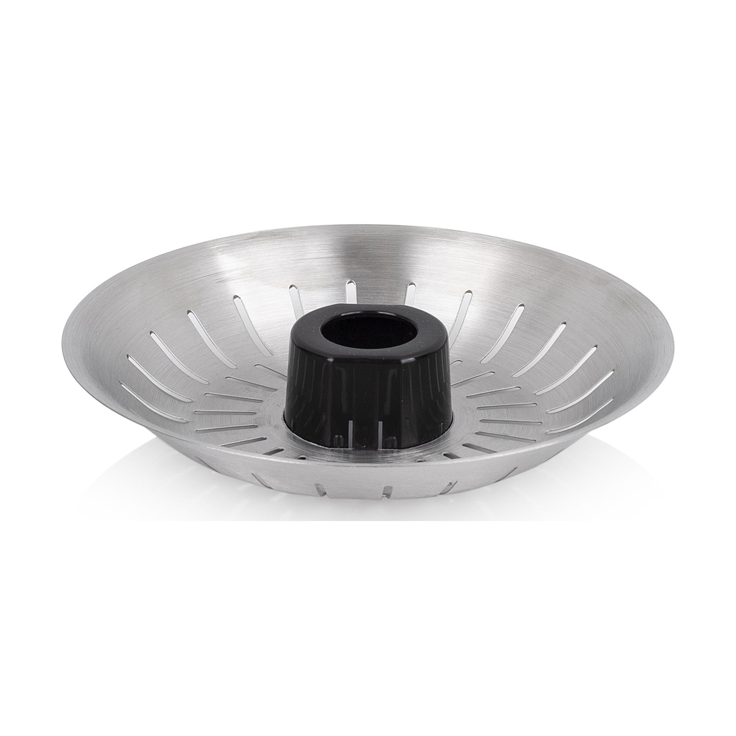 Un filtro per lavello da cucina in acciaio inossidabile con un elemento centrale in plastica nera, su sfondo bianco.