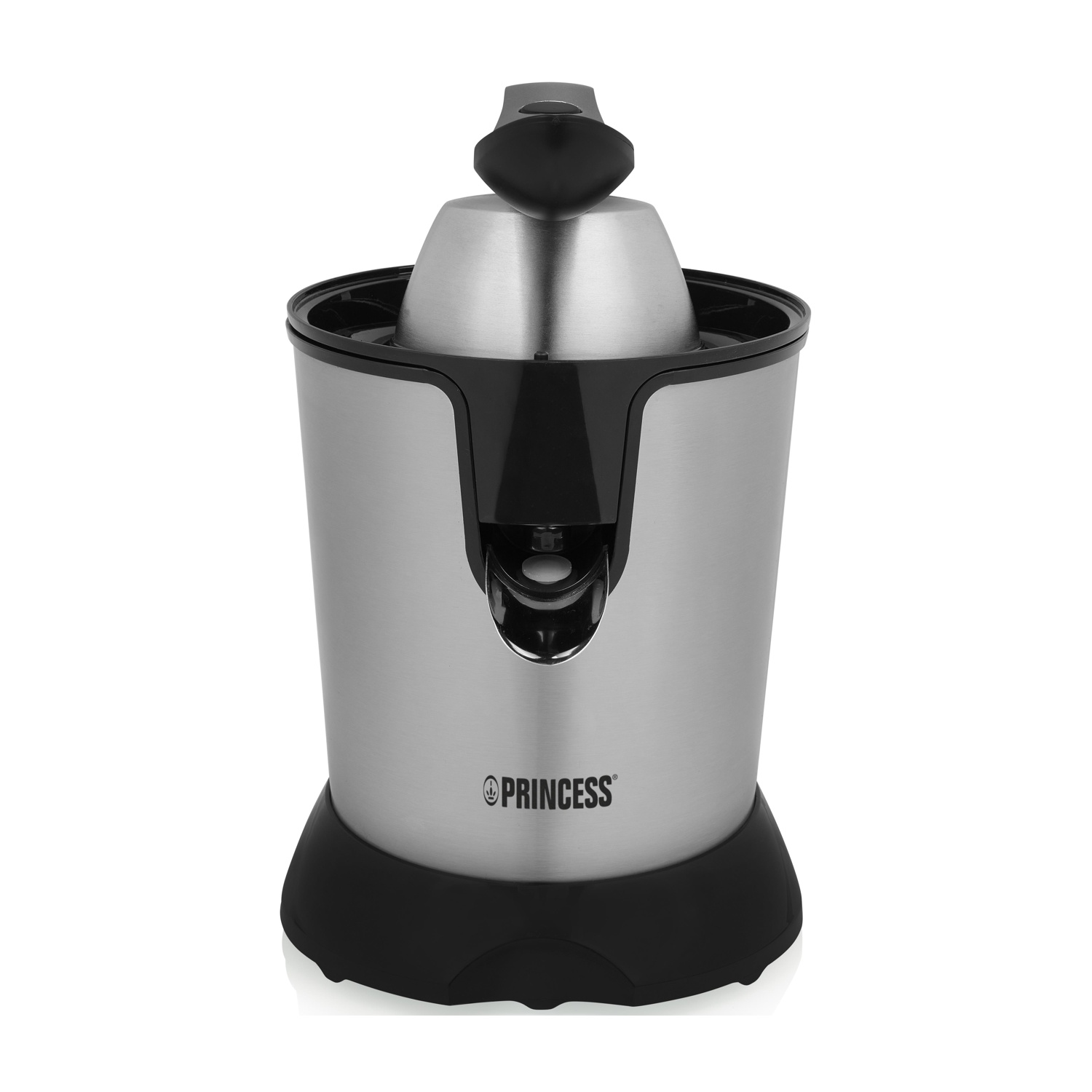 Uno spremiagrumi elettrico Princess argento e nero su sfondo bianco. Ha un alesatore a forma di cono e una base nera.
