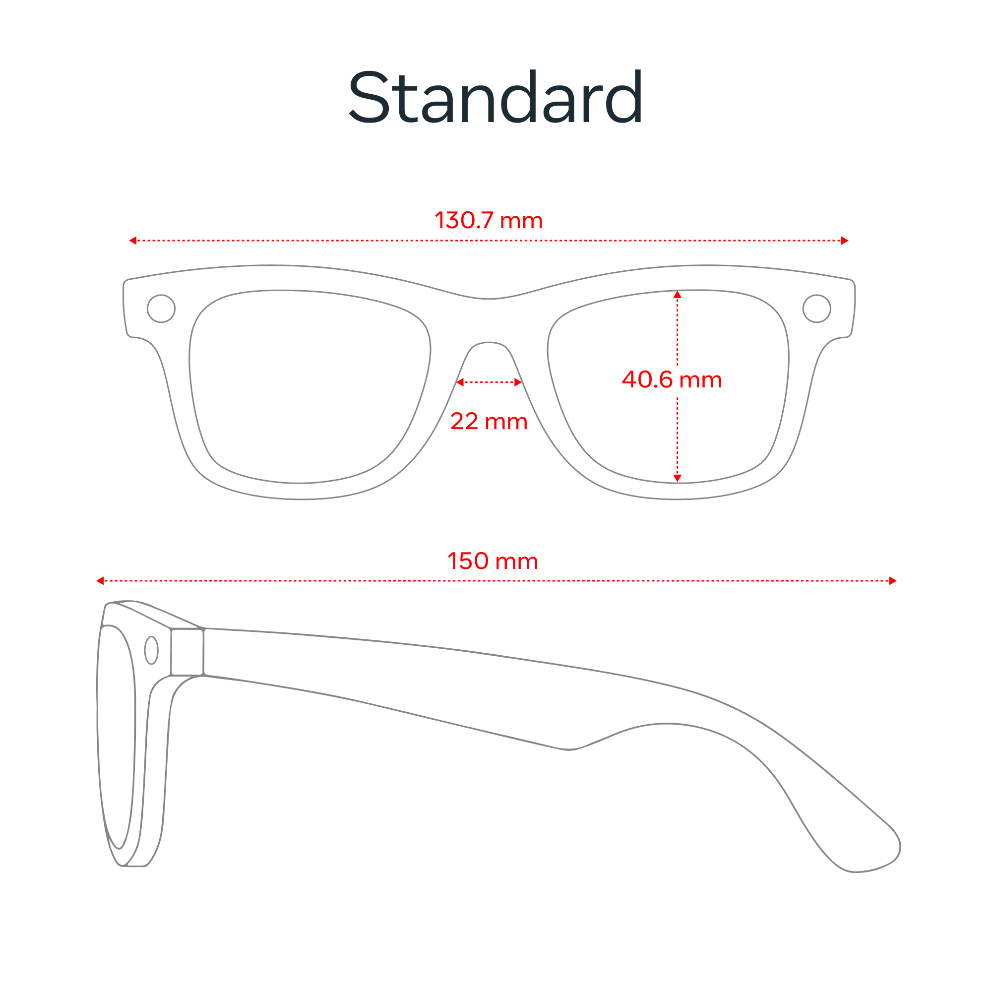 Umriss einer Sonnenbrille mit den Maßen: 130,7 mm, 150 mm, 40,6 mm, 22 mm. Das Wort 'Standard' steht oben.