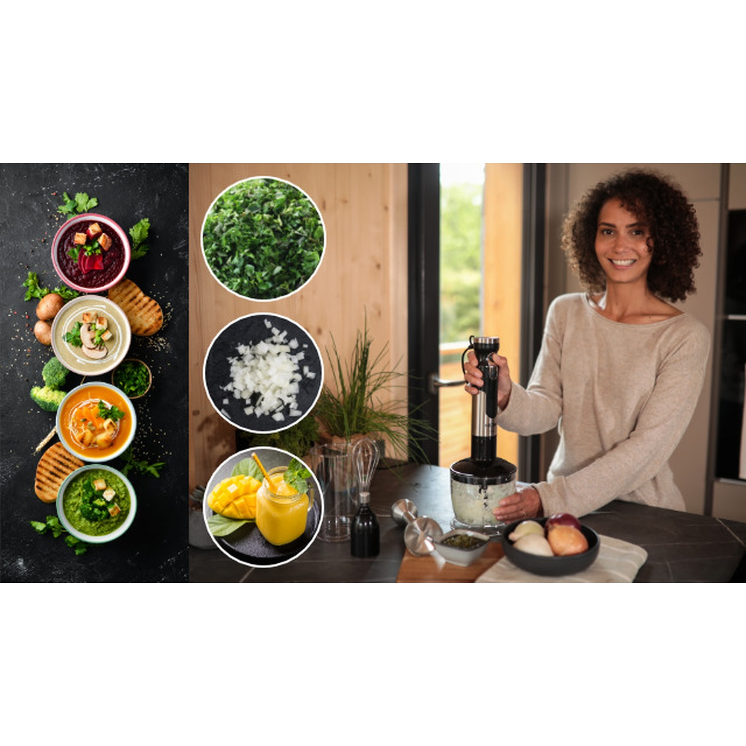Donna con frullatore in cucina, zuppe e ingredienti a sinistra. Mostrati verdure tritate, cipolle, frullato di mango.