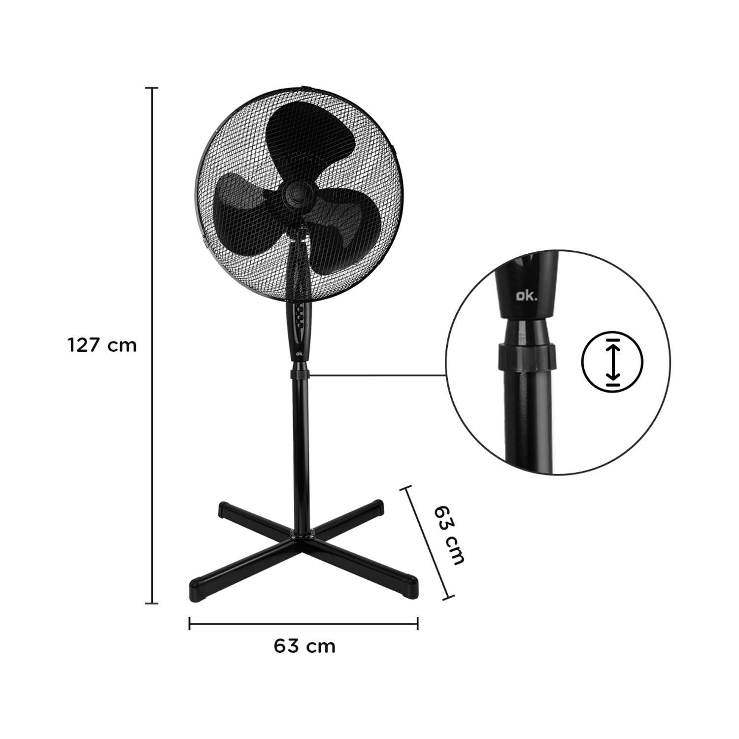 Ventilatore a piantana nero ok. con dimensioni: altezza 127 cm, base 63 cm, larghezza 63 cm. Dettaglio regolazione altezza.