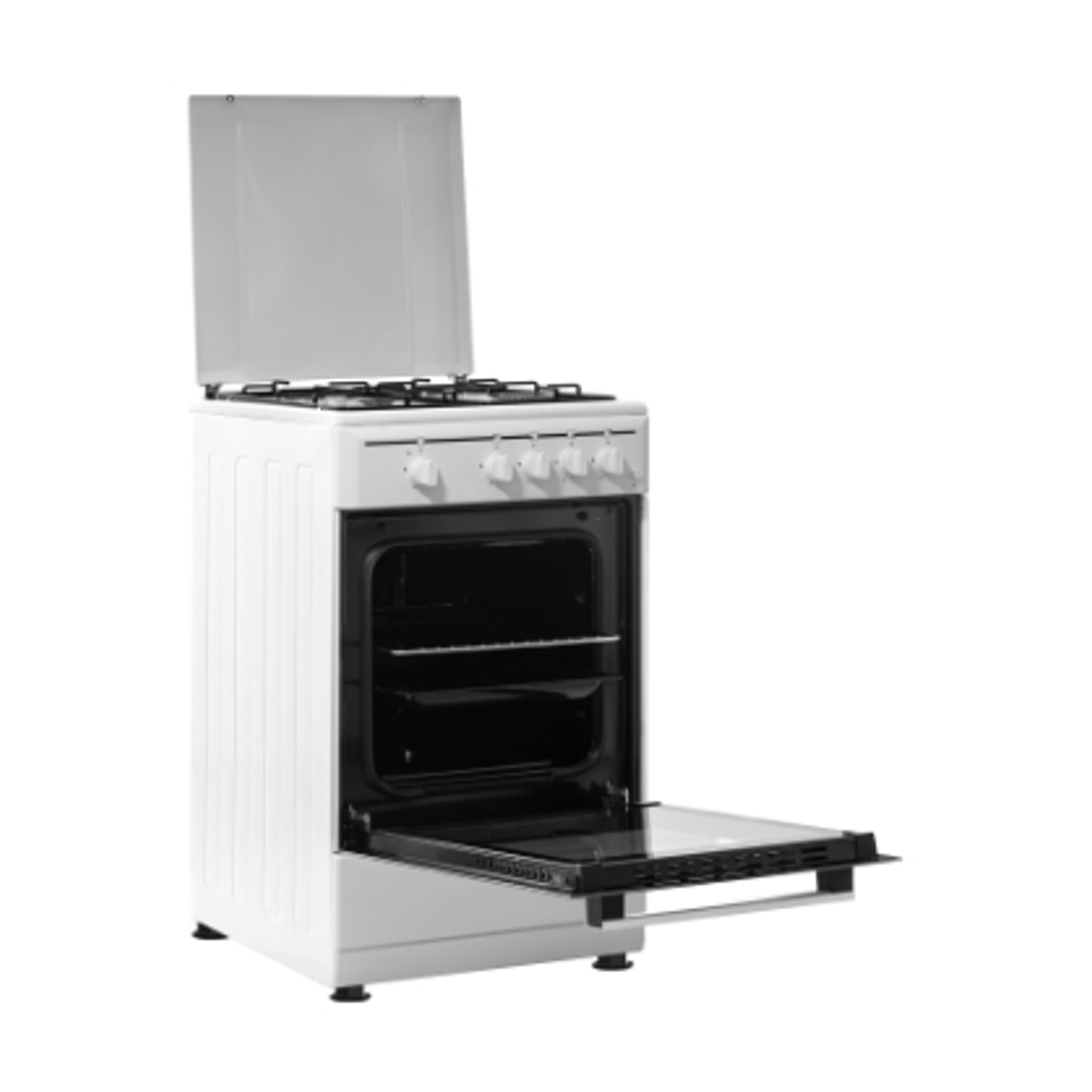 Un fornello a gas bianco con la porta del forno aperta. Il piano cottura è nero con bruciatori. L'interno del forno è visibile.