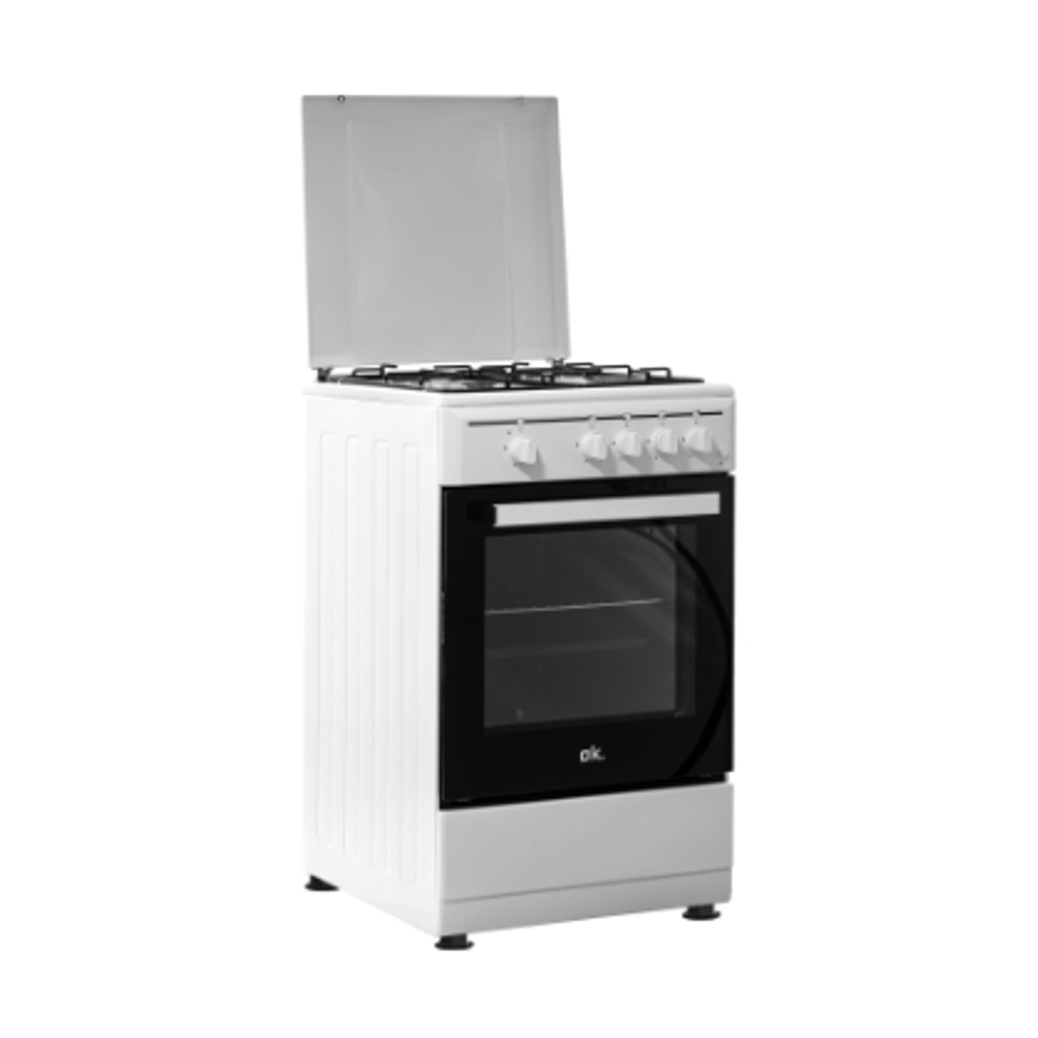 Un fornello a gas bianco con coperchio superiore aperto. Ha una porta del forno in vetro nero e manopole argentate.