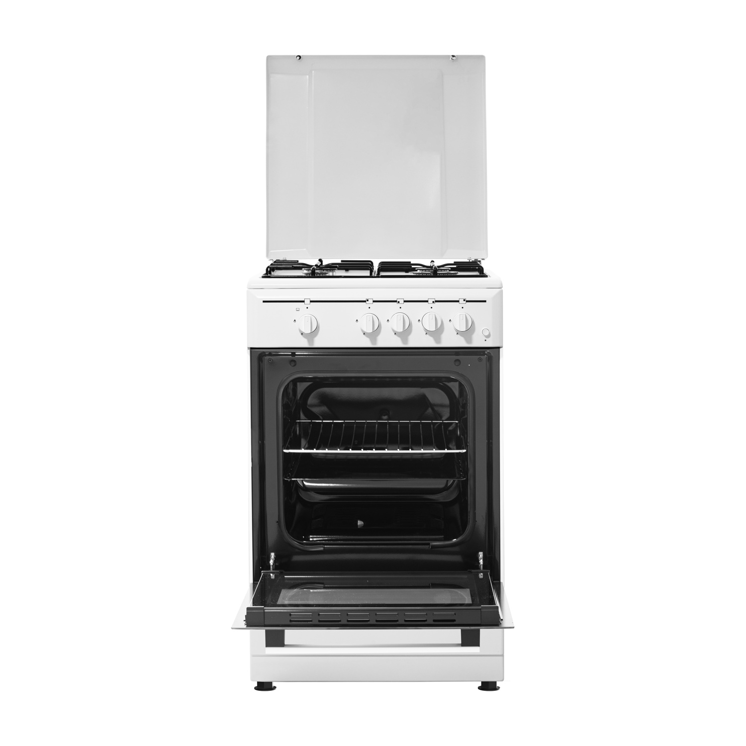 Un fornello a gas bianco con la porta del forno aperta. Anche il coperchio superiore è aperto. Manopole e bruciatori sono visibili sul piano cottura.