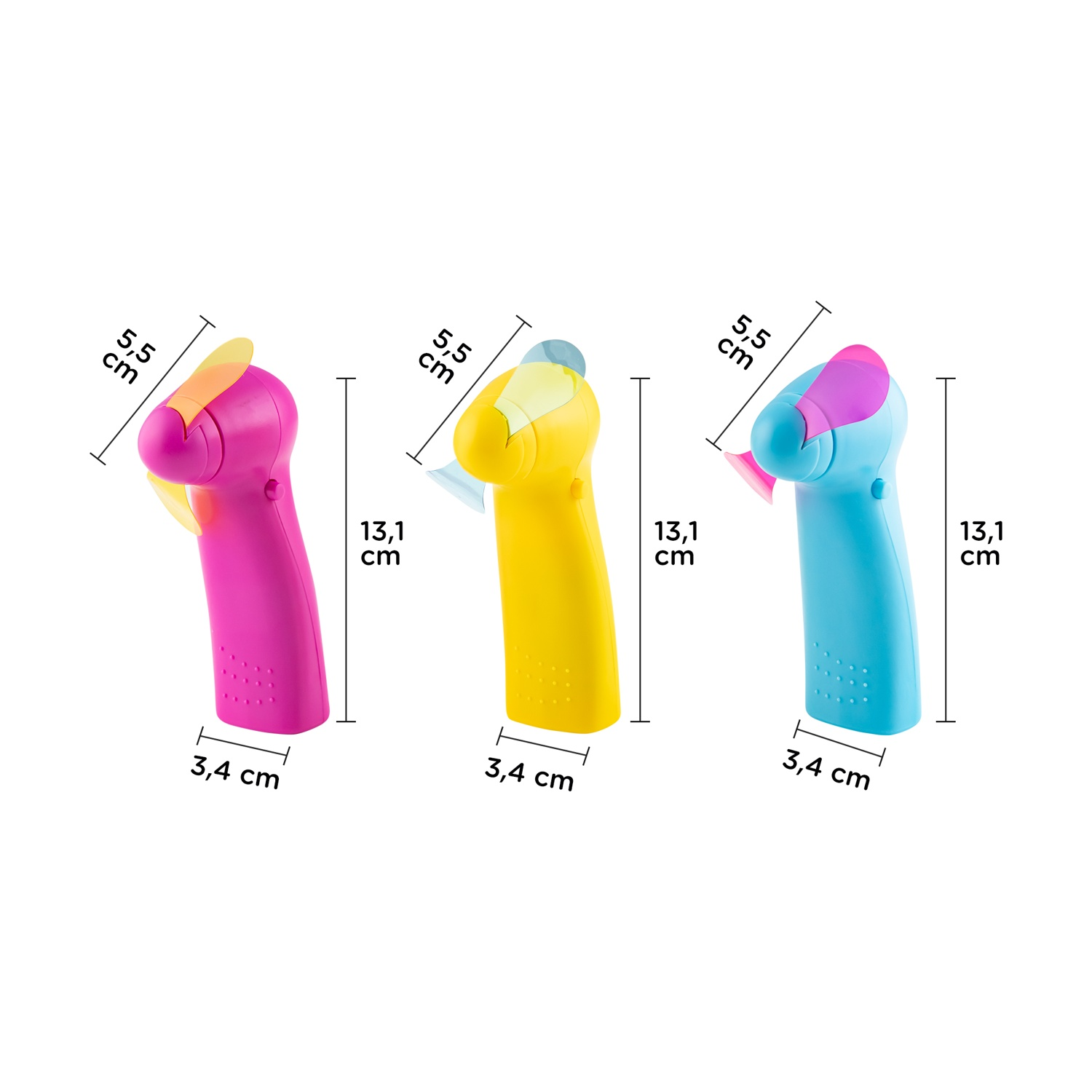 Tre ventilatori portatili in rosa, giallo e blu. Ognuno ha dimensioni: 13,1 cm di altezza, 3,4 cm di larghezza e 5,5 cm per la testa del ventilatore.
