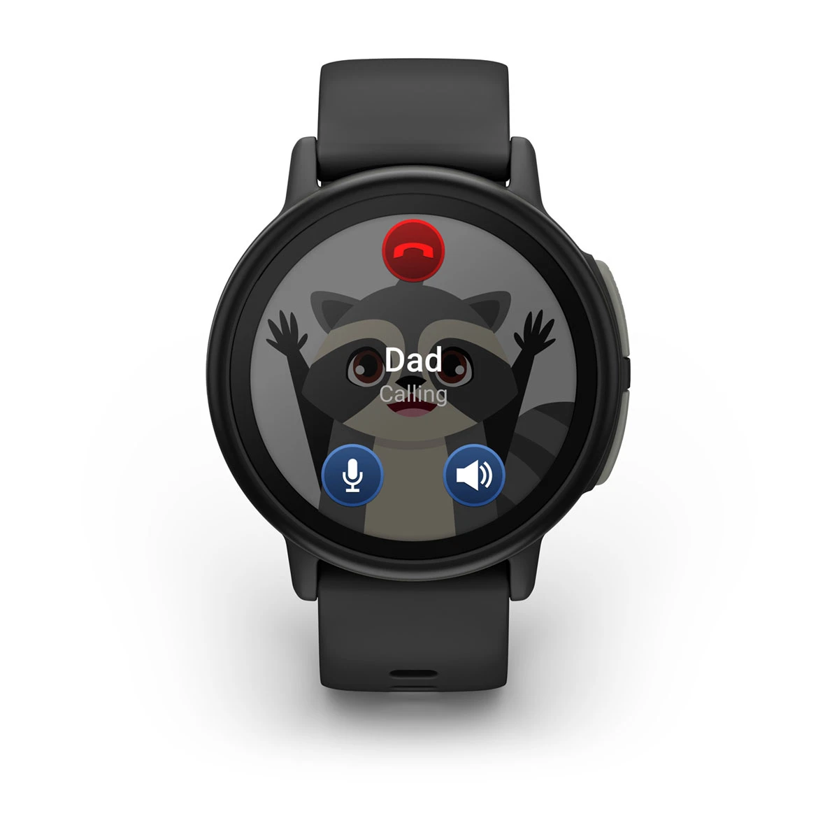 Eine schwarze Smartwatch zeigt eine Waschbärgrafik mit 'Dad Calling'. Oben ist ein rotes Telefonsymbol. Mikrofon- und Lautsprechersymbole sind unten.