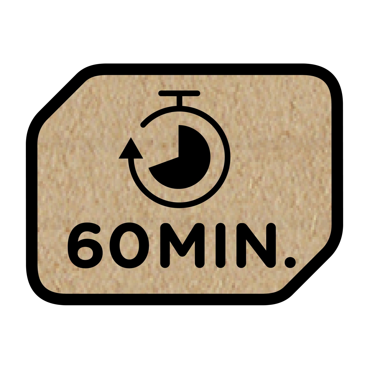 Un'icona rettangolare con un simbolo di timer e la scritta '60 MIN.' su sfondo beige con bordo nero.