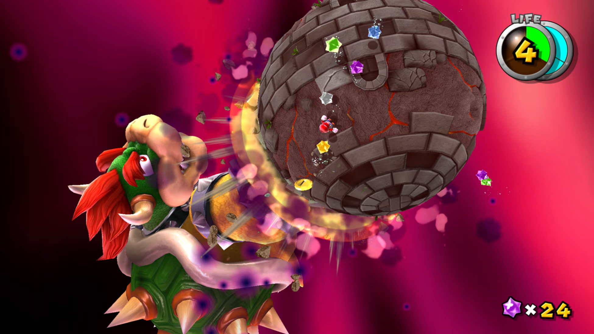 Bowser attacca un pianeta di pietra con gemme in un cosmo rosa. La vita e il conteggio delle stelle sono in alto a destra e in basso a destra.