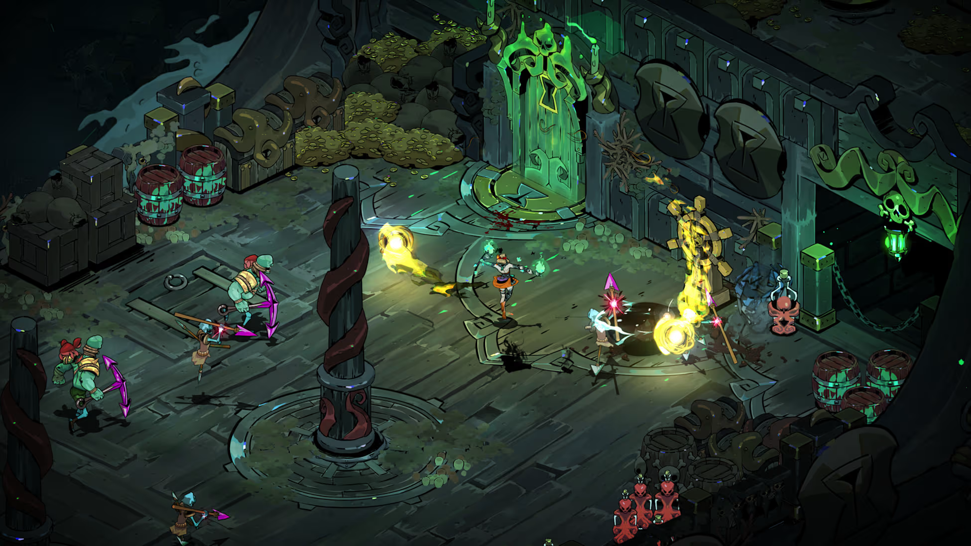Vista isometrica di una scena di gioco con personaggi in combattimento. Dominano le tonalità verdi e viola. Ambiente dettagliato con colonne ed effetti luminosi.