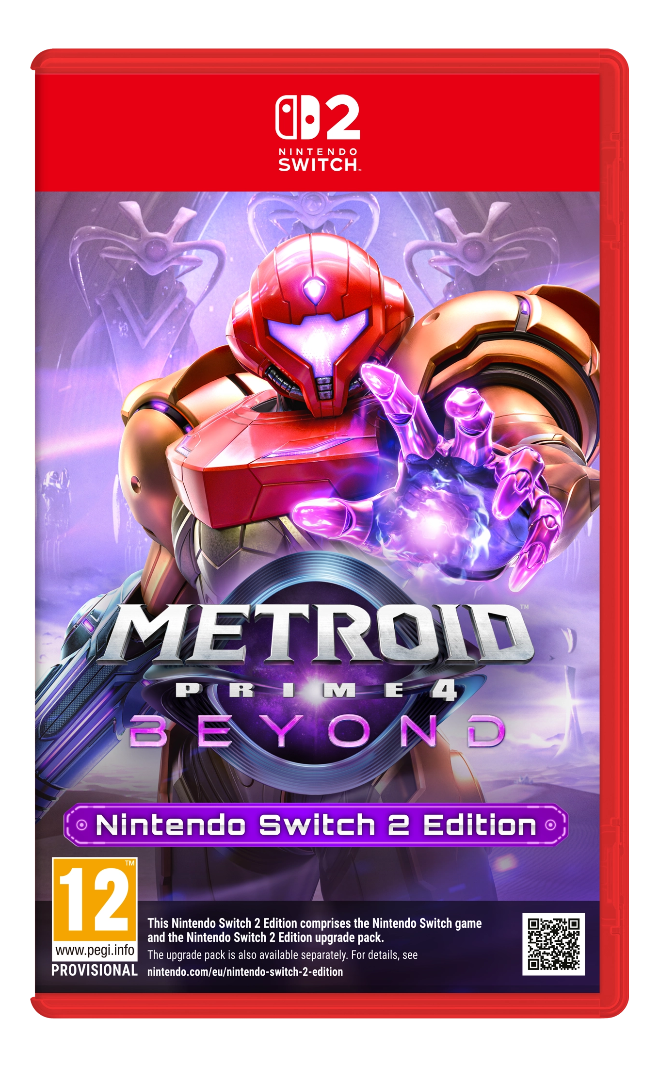 Copertina di Metroid Prime 4: Beyond. Presenta Samus Aran nella sua tuta potenziata, che tiene energia. Il logo Nintendo Switch è in alto.