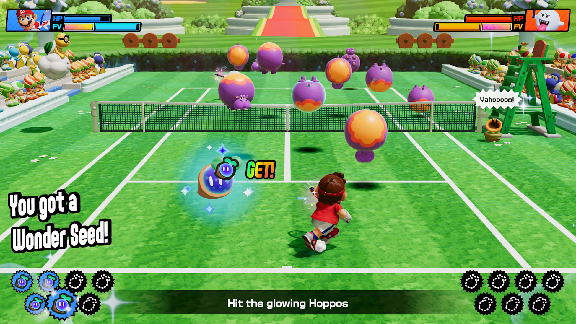 Una scena di gioco di tennis con un personaggio che colpisce ippopotami luminosi. Il testo dice 'Hai ottenuto un Seme Meraviglia!' e 'Colpisci gli Hoppos luminosi'.