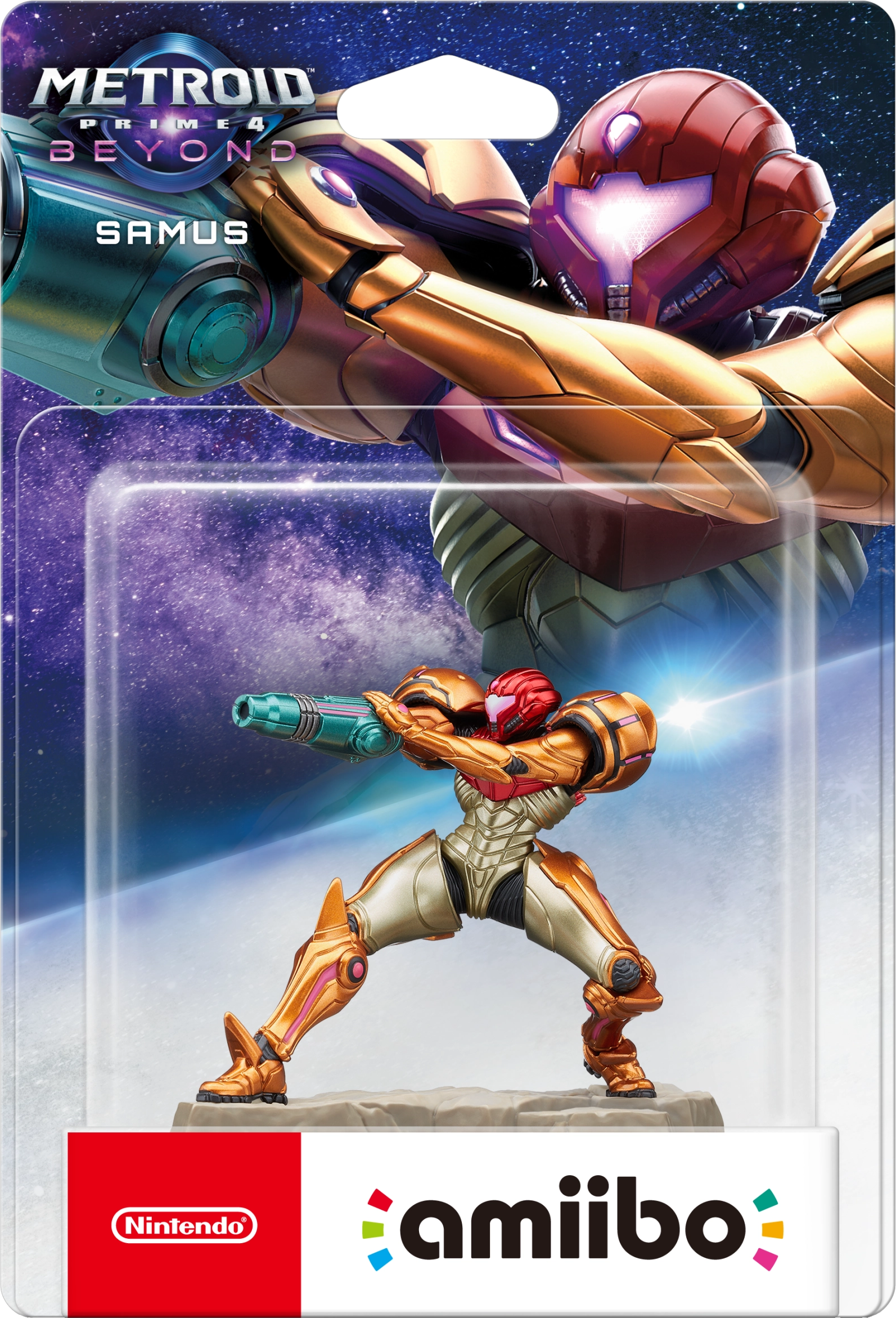 Una statuina di Samus Aran in armatura oro e arancione, con un'arma, su sfondo spaziale. È un amiibo Nintendo.