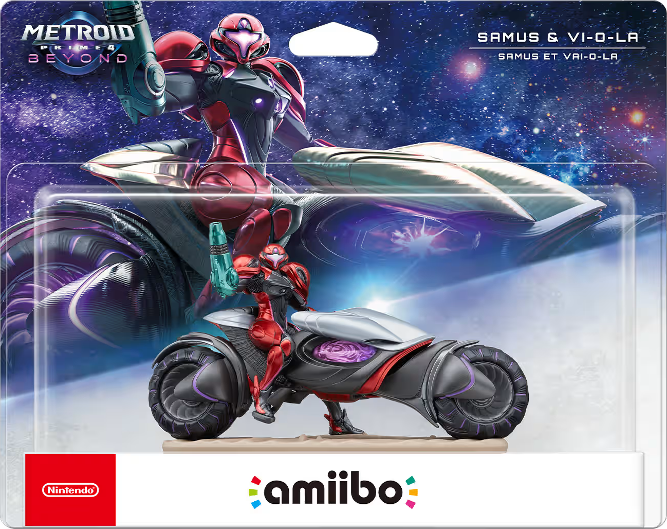 Figura di Samus su moto futuristica. Armatura rossa e nera. Sfondo: scena spaziale con stelle e pianeta.