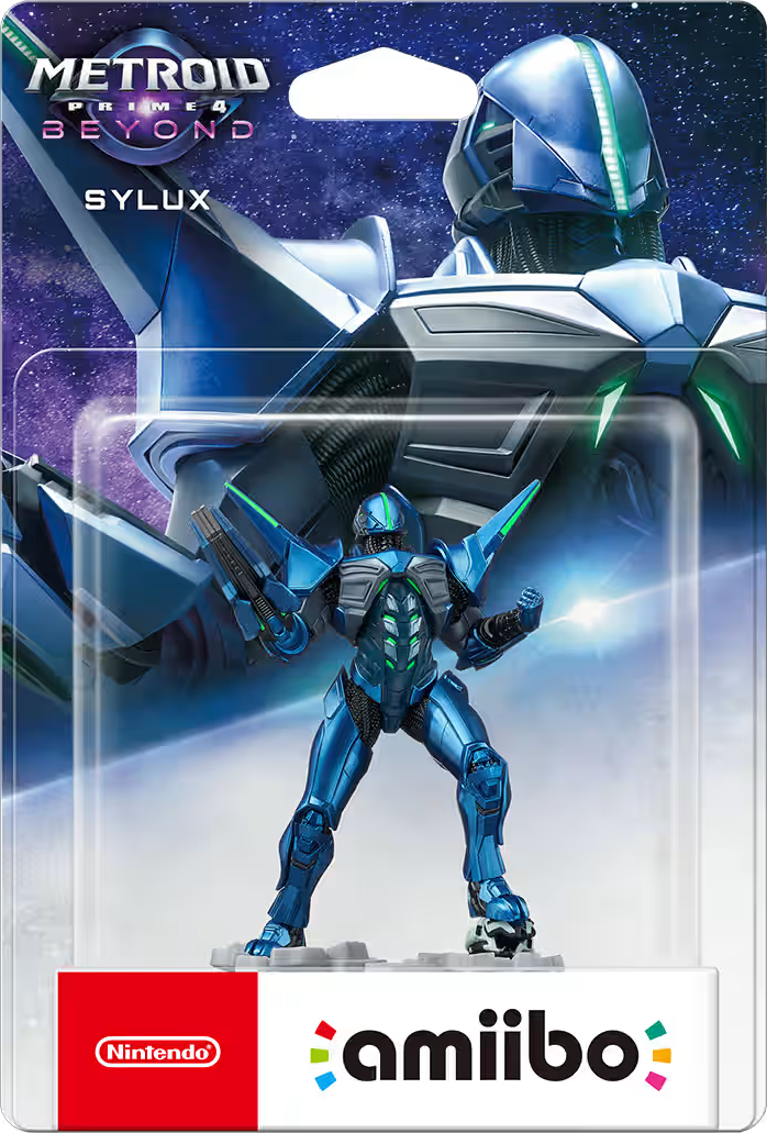 Amiibo-Figur von Sylux, einem blau gepanzerten Charakter, aus Metroid Prime 4 Beyond. Die Verpackung enthält Nintendo- und Amiibo-Logos.