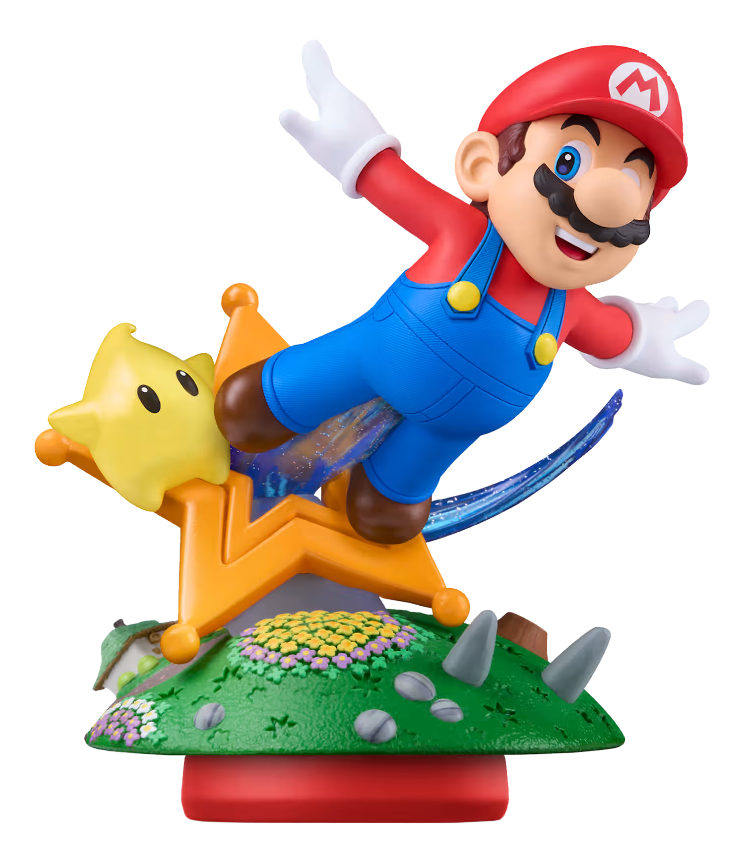 La figura di Mario cavalca una stella gialla. Mario indossa cappello rosso e tuta. La base è verde con una casetta e fiori.