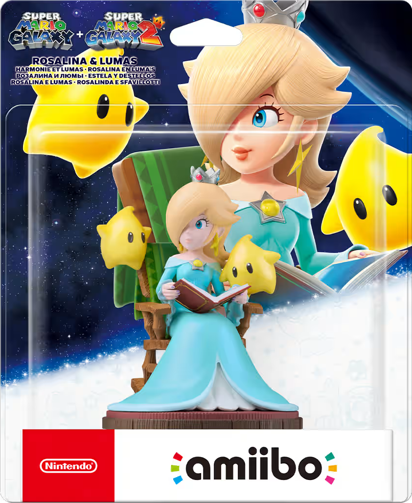 Figurina amiibo di Rosalina con Lumas. Rosalina in abito blu e corona legge un libro, con personaggi a forma di stella intorno.