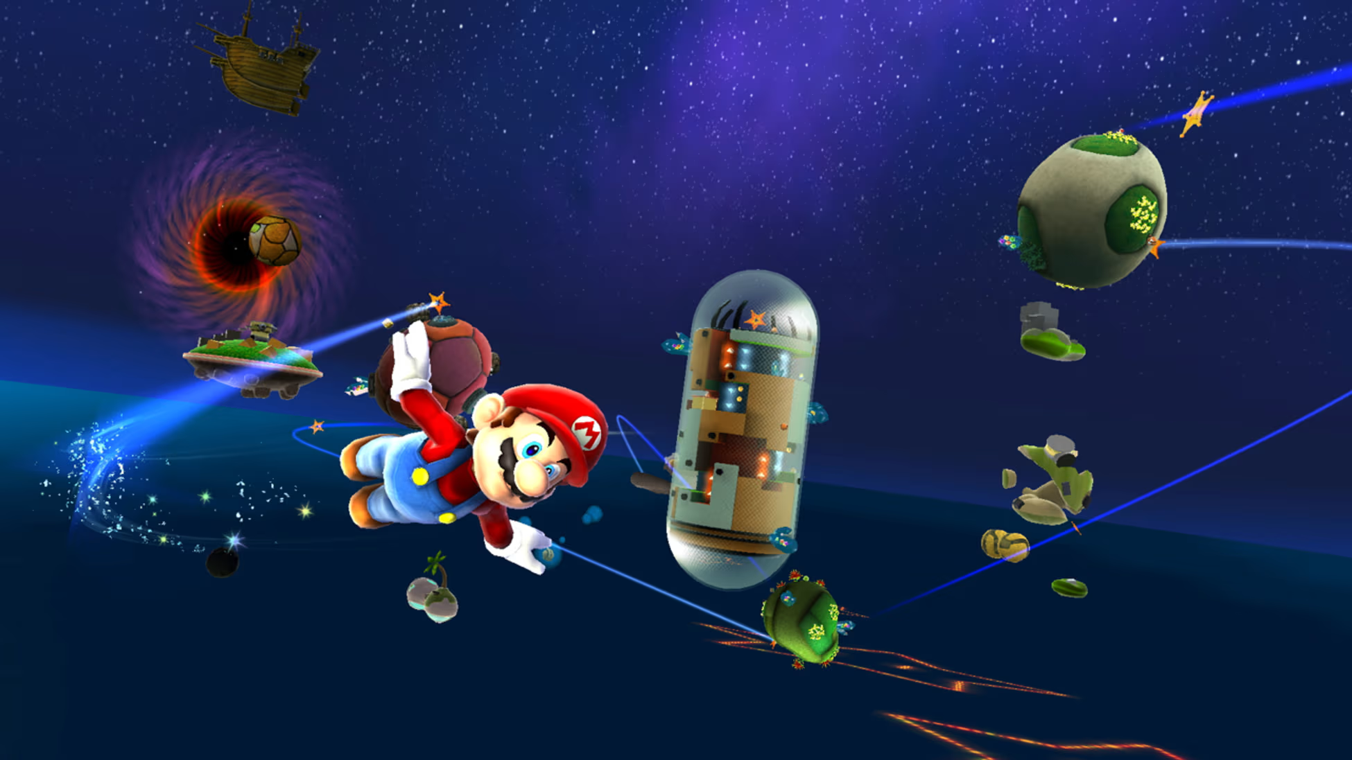 Mario vola nello spazio tra pianeti e un buco nero. Sono presenti anche una grande capsula e isole fluttuanti.