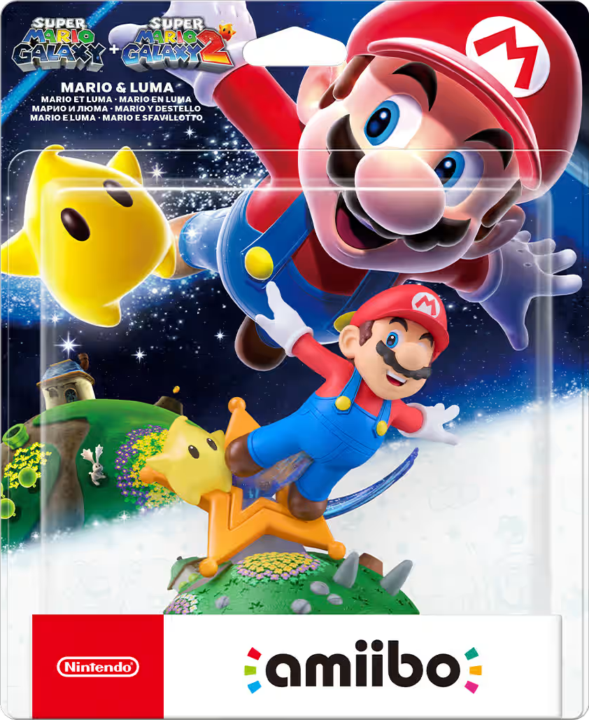 Figurina amiibo di Mario e Luma. Mario in tuta rossa e blu, Luma a forma di stella gialla. Confezione con loghi Nintendo e amiibo.