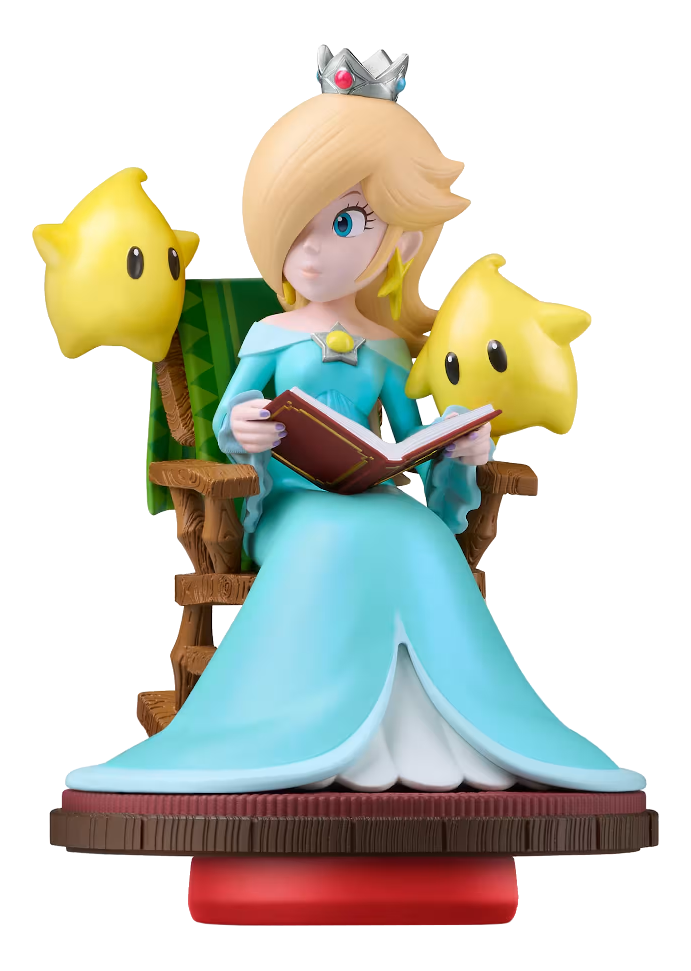 Statuina di Rosalina che legge un libro, affiancata da stelle Luma, seduta su una sedia di legno con schienale verde a motivi.