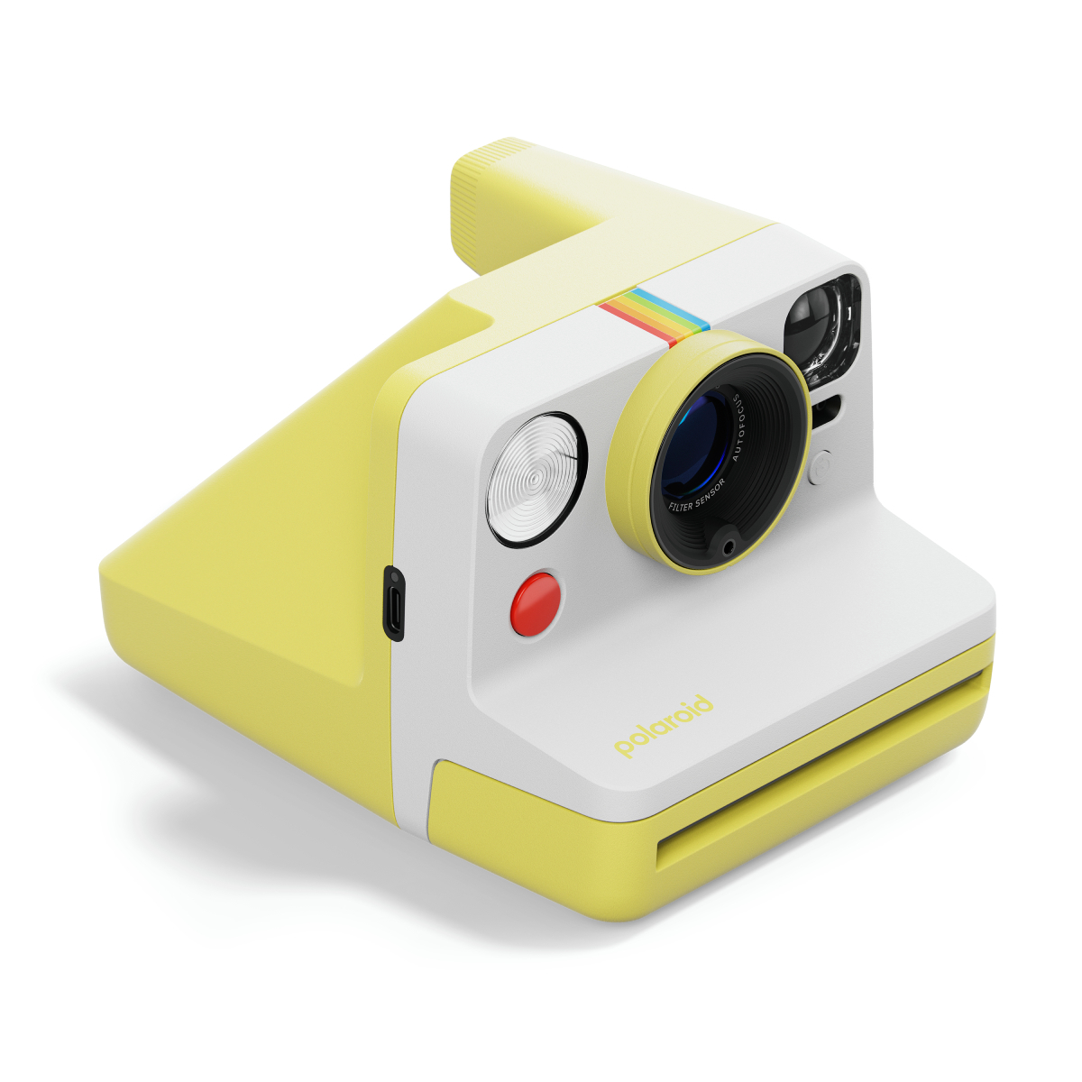 Eine gelb-weiße Polaroid-Kamera. Sie hat ein Objektiv, einen Blitz und einen Regenbogenstreifen. Der Markenname steht auf der Vorderseite.