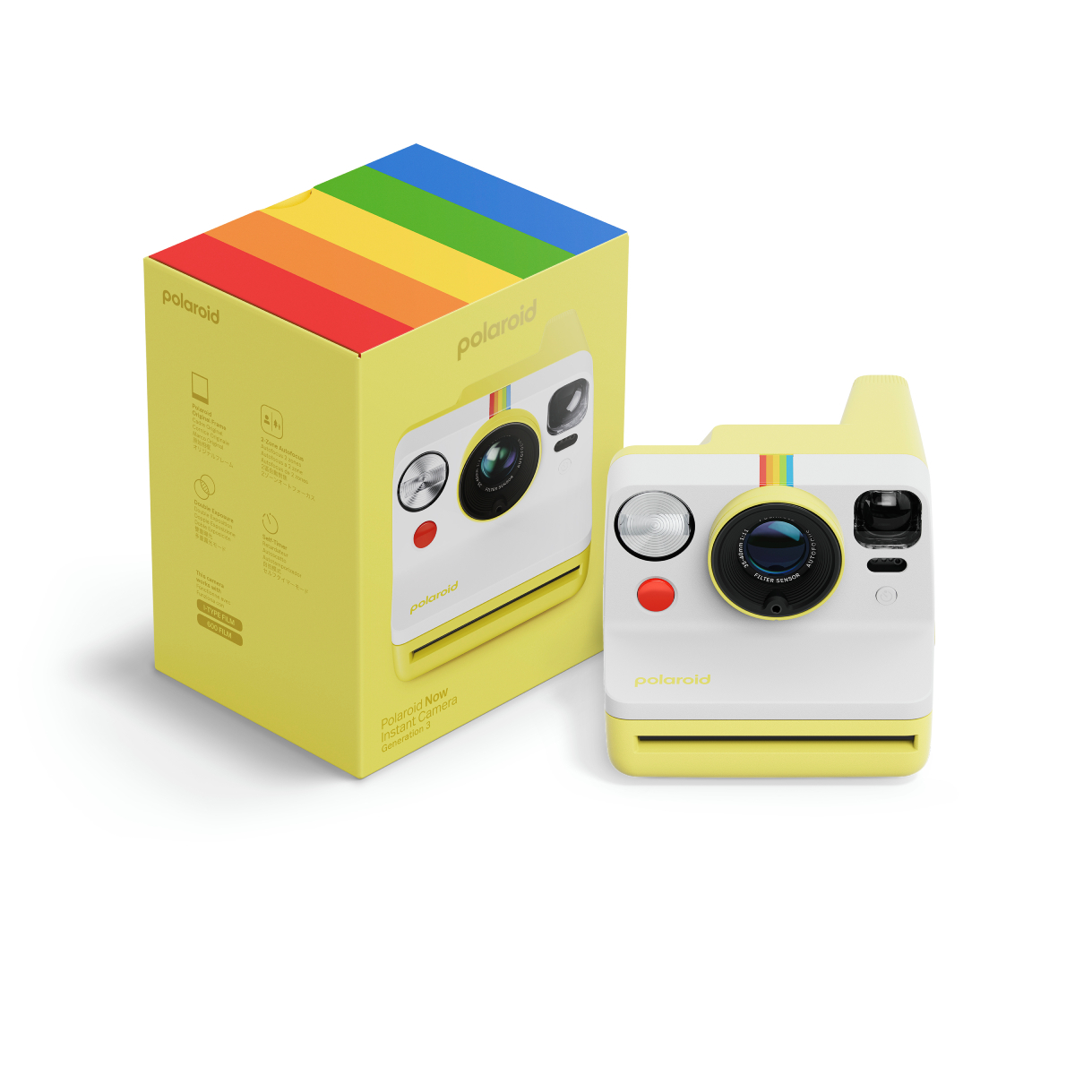 Eine gelb-weiße Polaroid-Kamera mit ihrer Schachtel. Die Schachtel hat einen Regenbogenstreifen oben.