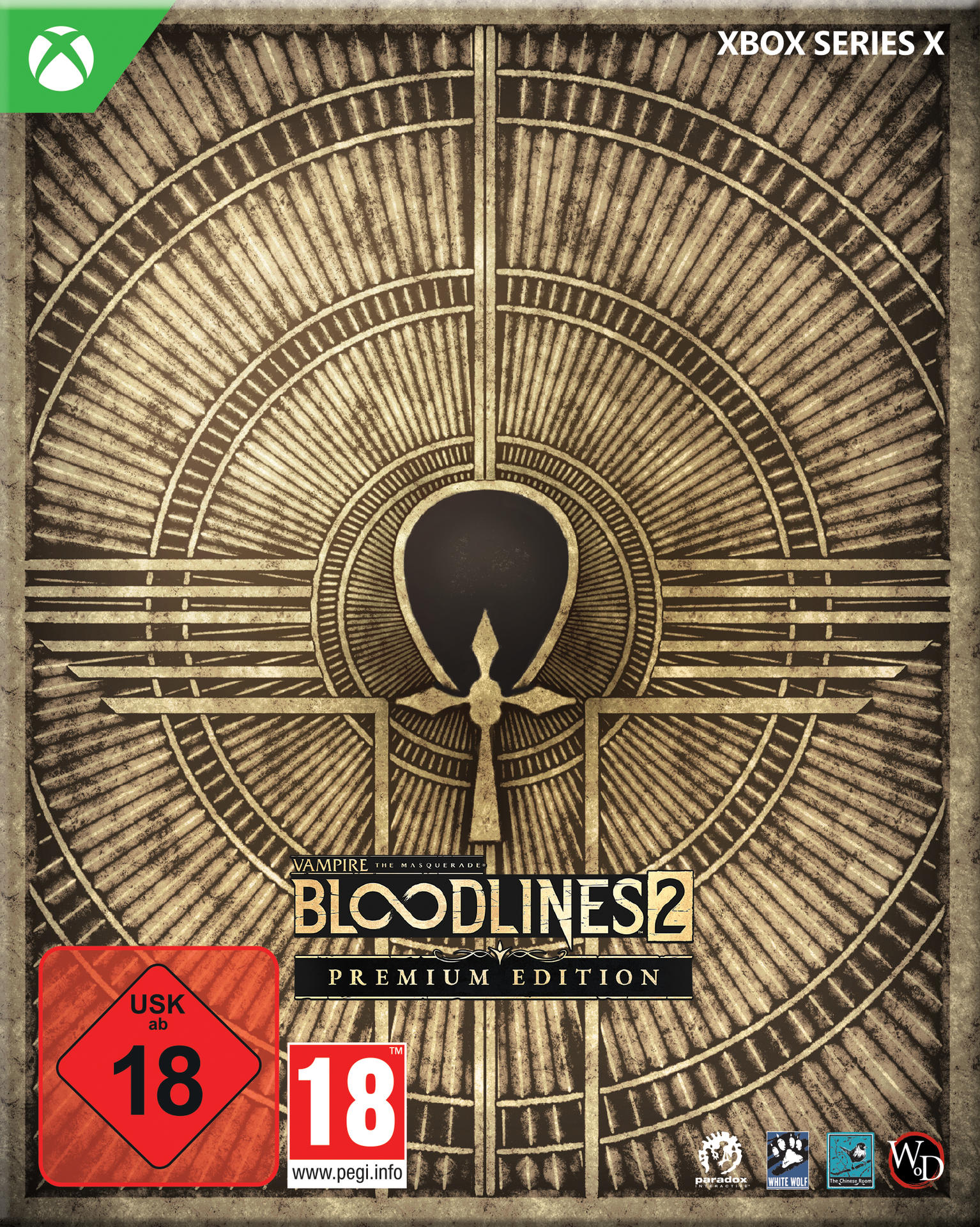 Spielcover für Vampire: The Masquerade - Bloodlines 2, mit Ankh-Design, Altersfreigaben und Xbox Series X Logo.