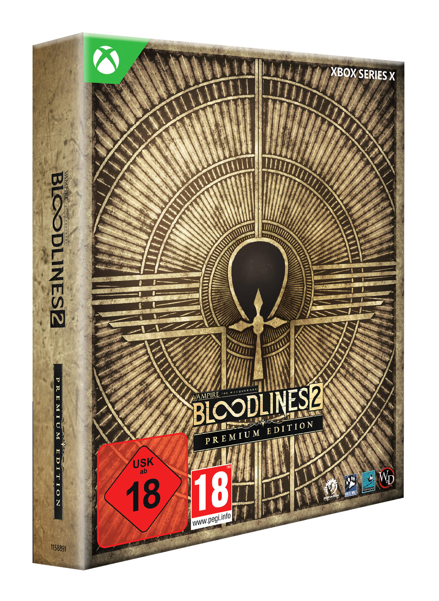 Box-Art für 'Vampire: The Masquerade - Bloodlines 2' Premium Edition für Xbox Series X. Mit Spiel-Logo und Altersfreigabe.