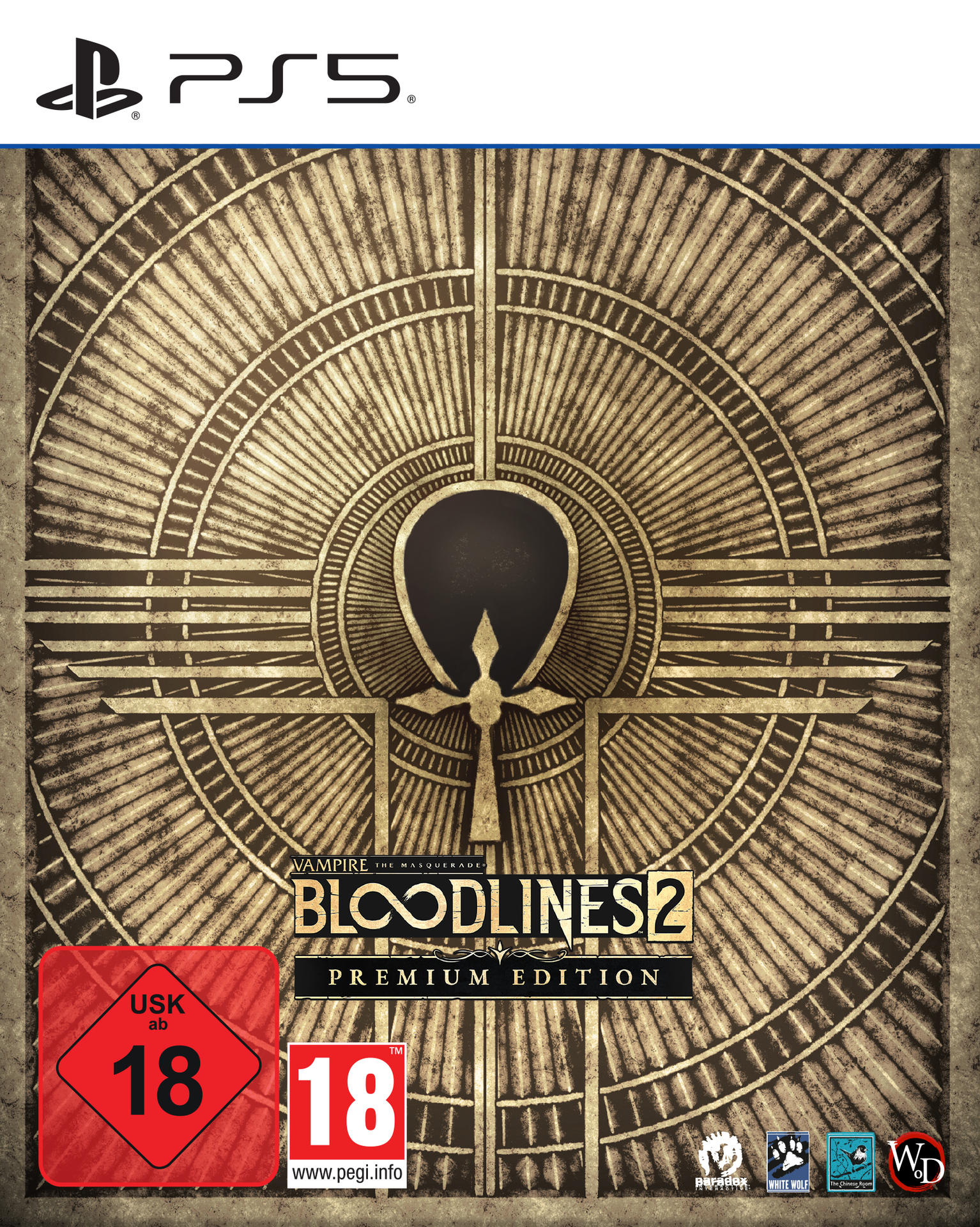 PS5-Spielcover. Zeigt 'Vampire the Masquerade: Bloodlines 2'. Enthält Altersfreigaben und ein Ankh-Symbol.