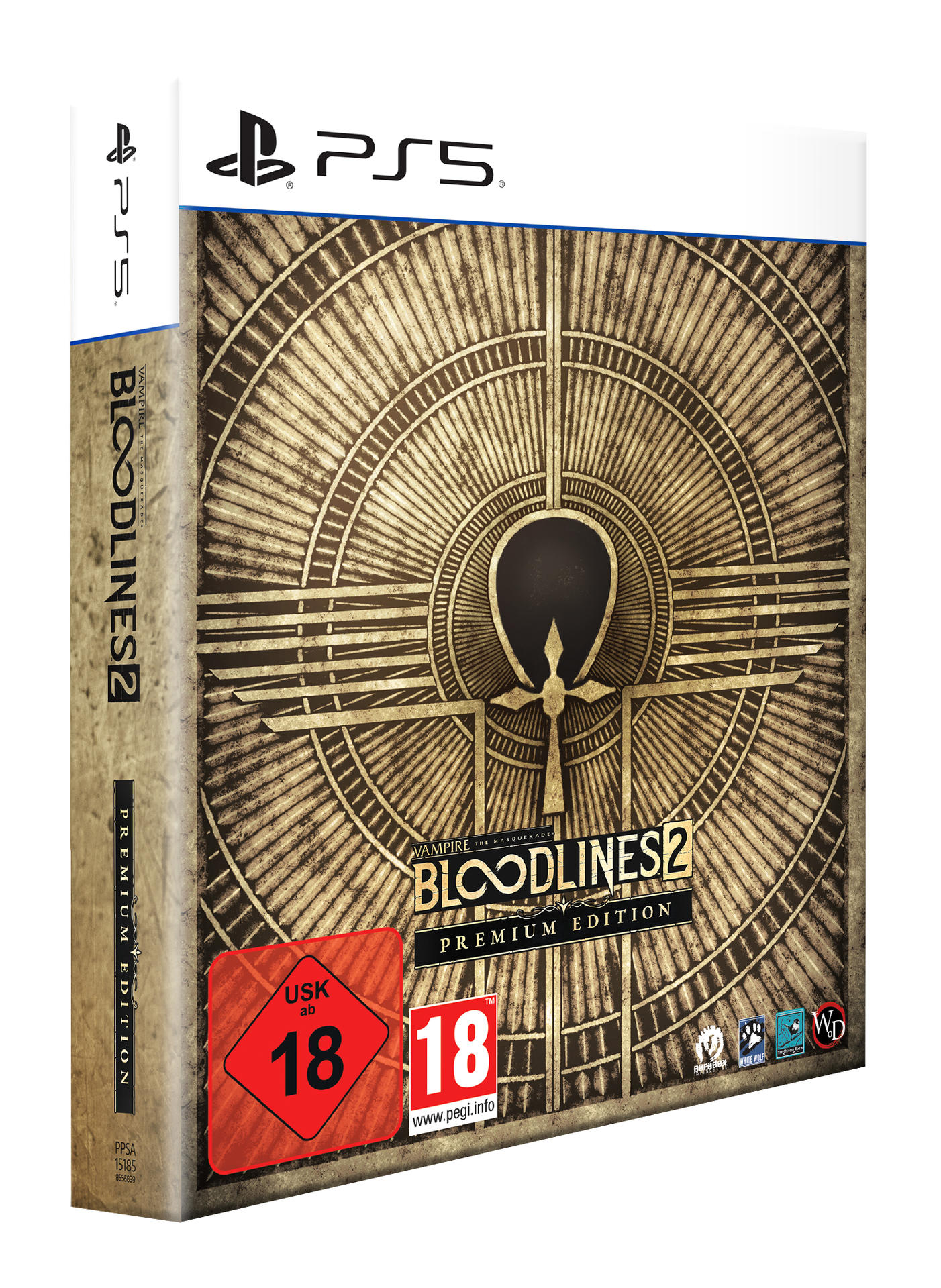 PS5-Spielverpackung für Vampire: The Masquerade - Bloodlines 2, Premium Edition. Zeigt ein Ankh-Symbol und eine rote 18-Bewertung.