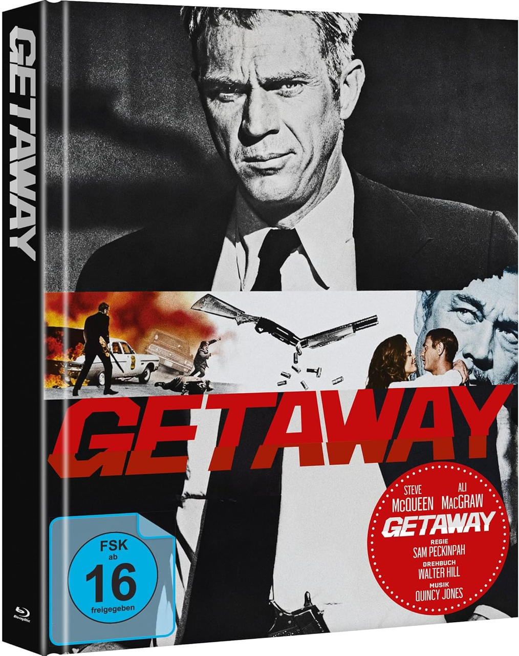 Filmcover für 'Getaway' mit Steve McQueen. Enthält Actionszene, Filmtitel und Bewertungsinformationen.