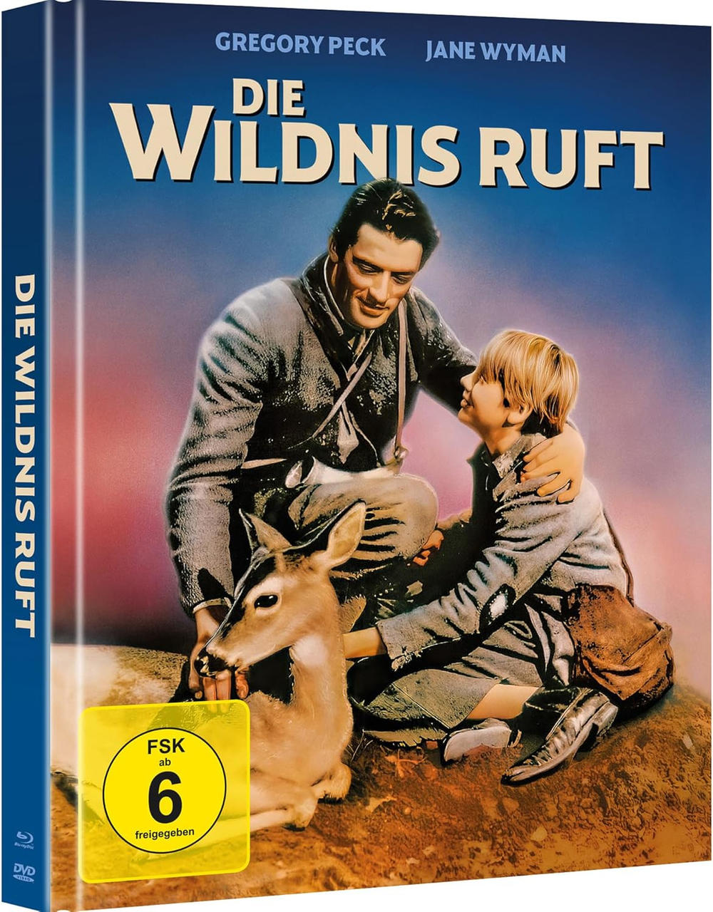 Ein Filmcover mit Gregory Peck und einem Jungen. Ein Reh sitzt vor ihnen. Der Titel lautet 'Die Wildnis Ruft'.