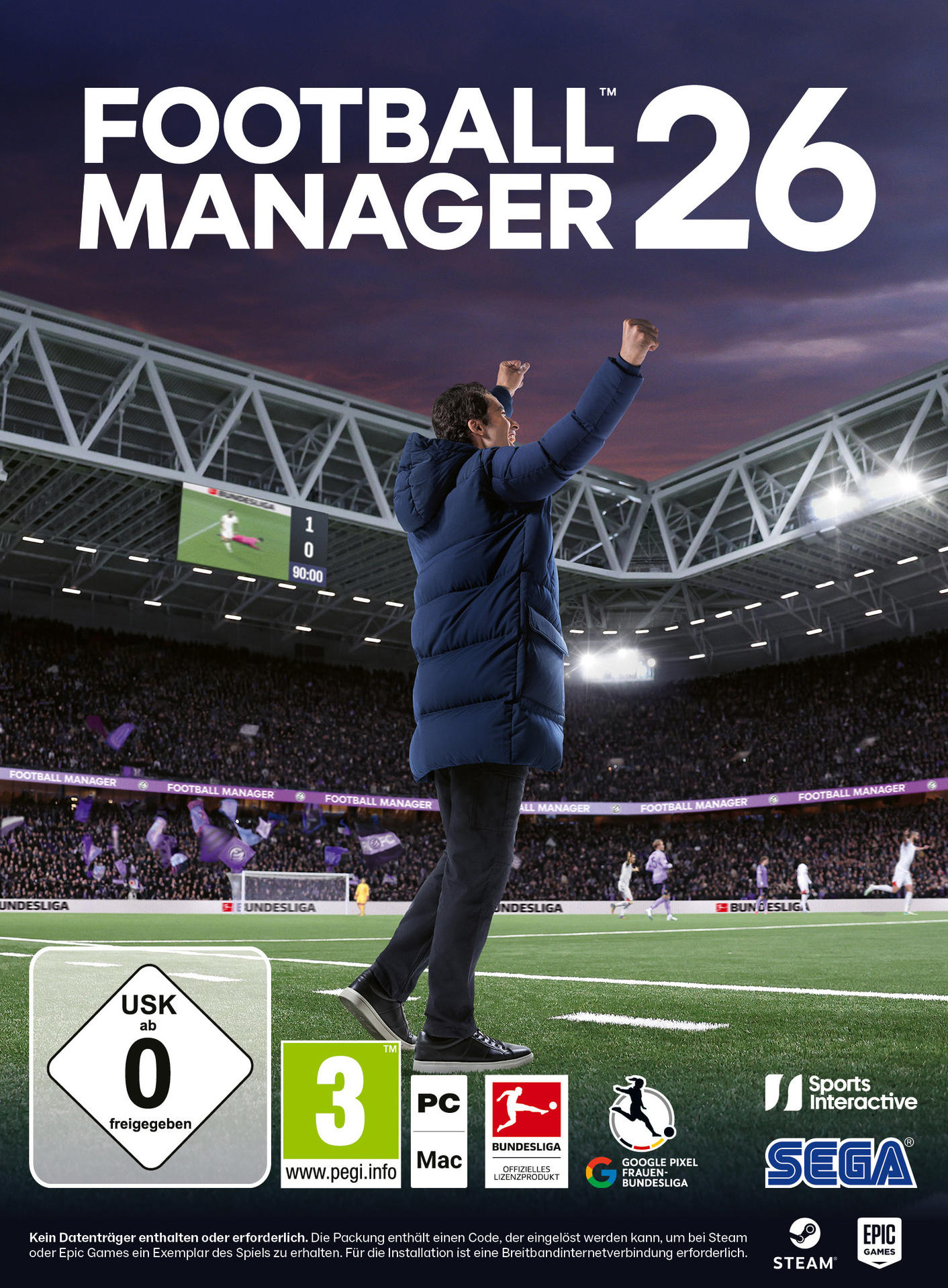 Fußballmanager 26 Cover. Ein Mann in einem blauen Mantel feiert auf einem Fußballfeld, mit Stadion und Publikum im Hintergrund.