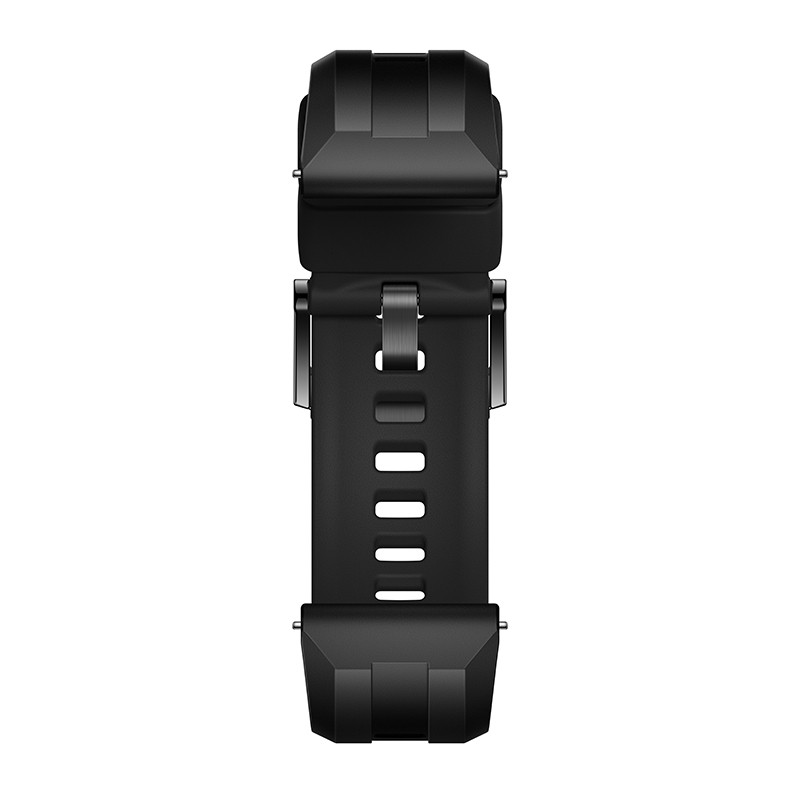 Zbliżenie czarnego paska do zegarka z klamrą. Pasek ma wiele dziur. Tło jest białe.