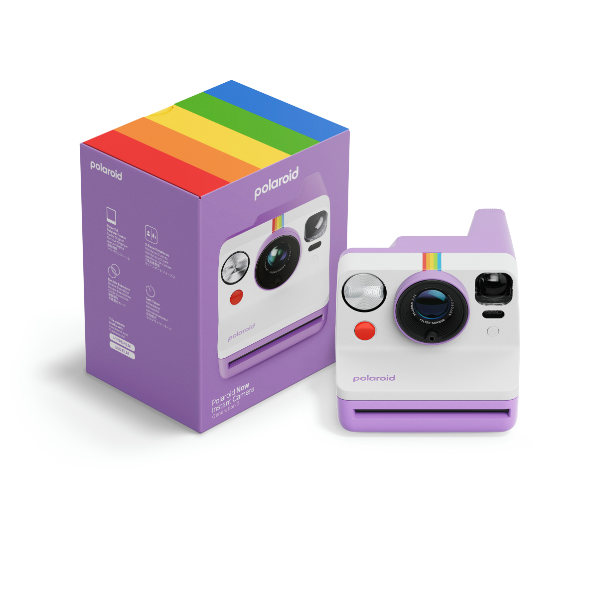 Eine Polaroid-Kamera und ihr Karton. Die Kamera ist weiß und lila mit einem Regenbogenstreifen. Die Schachtel hat einen Regenbogenstreifen.