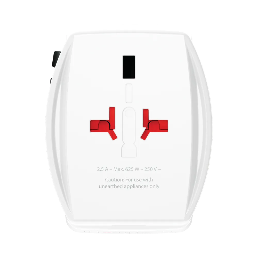 Fehér utazóadapter piros és fekete alkatrészekkel. Szöveg: 2,5 A - Max. 625 W - 250 V~. Figyelem: Csak földelés nélküli készülékekhez.