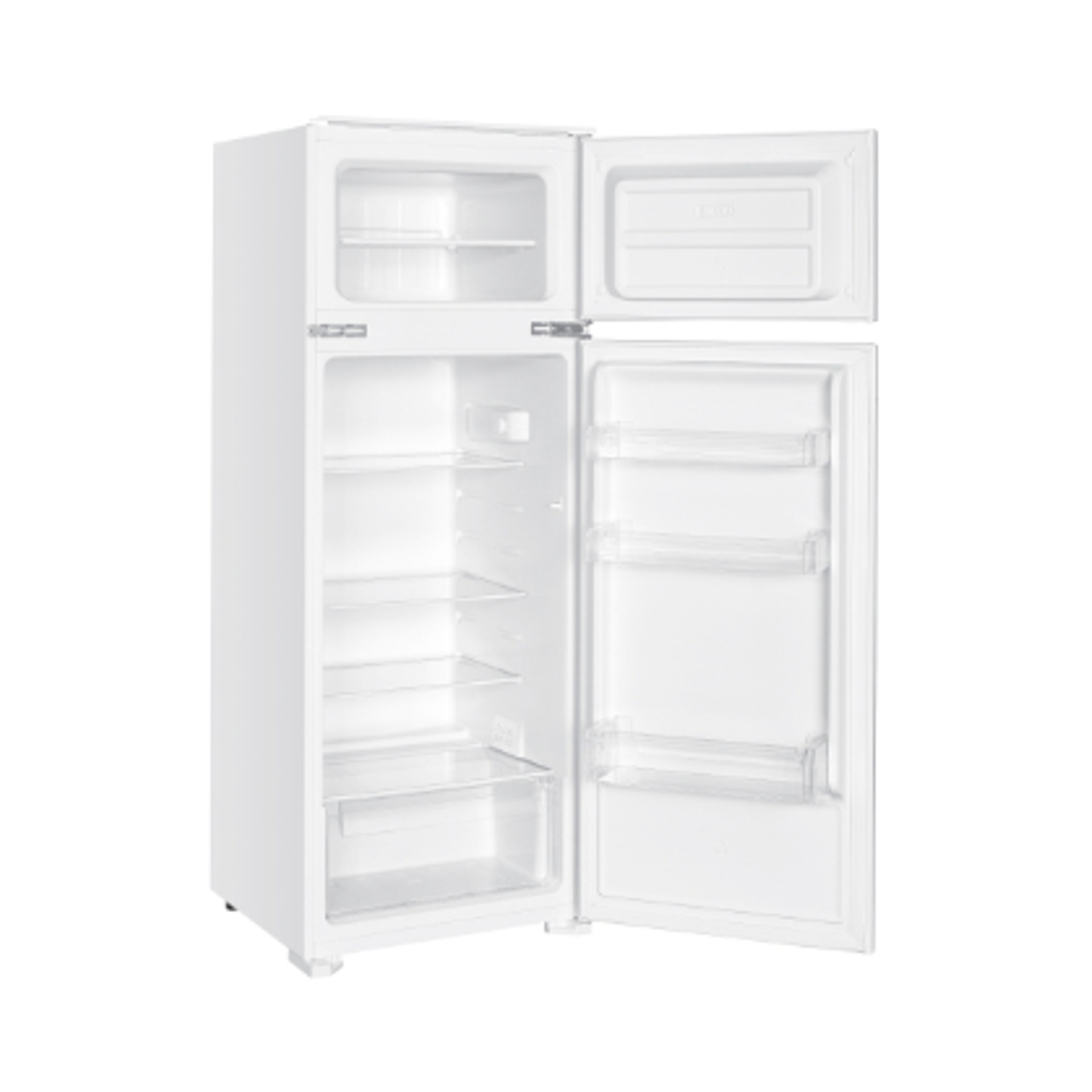 Un frigorifero bianco con la porta aperta. La porta superiore è aperta, mostrando un congelatore. La porta inferiore è aperta, mostrando ripiani.
