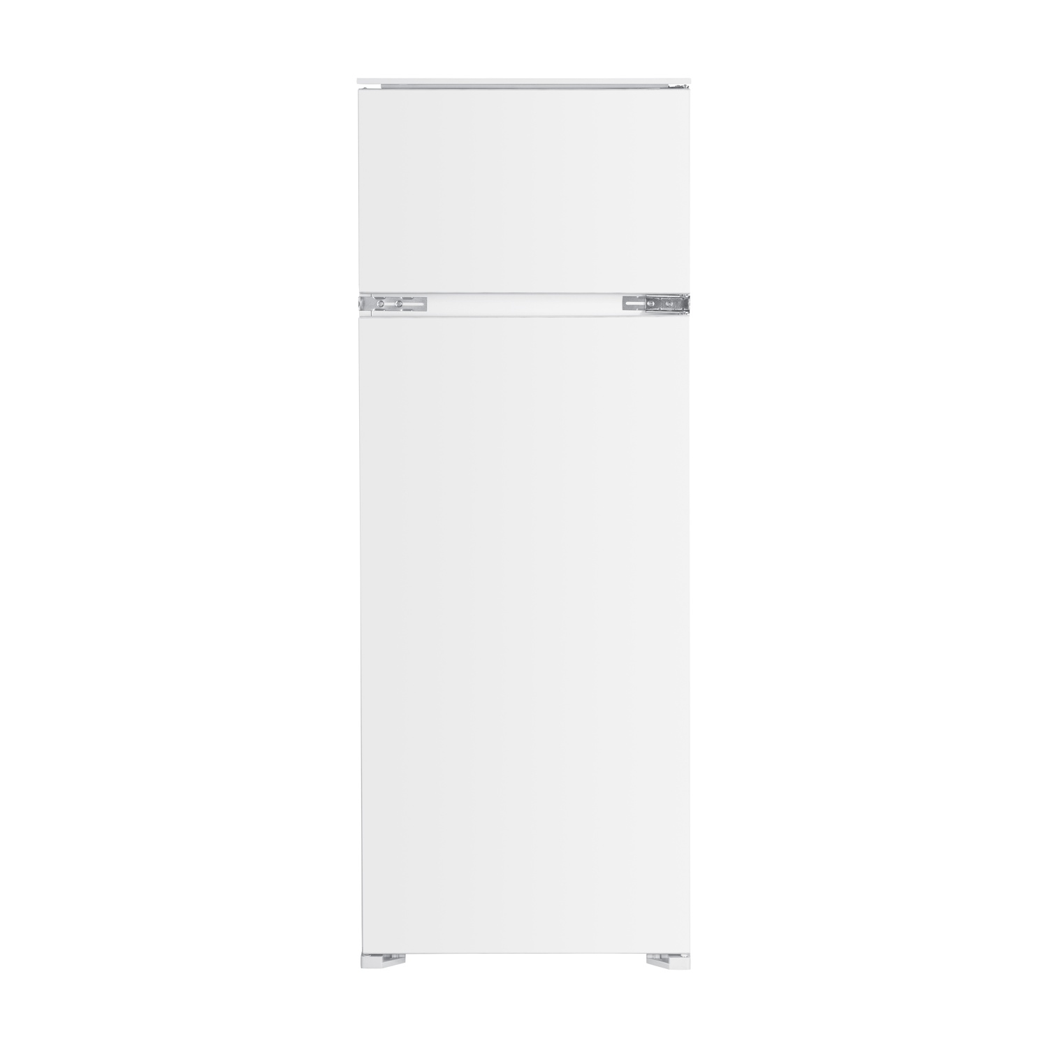 Un frigorifero bianco con un vano congelatore superiore. Ha un design semplice con due porte e maniglie argentate.
