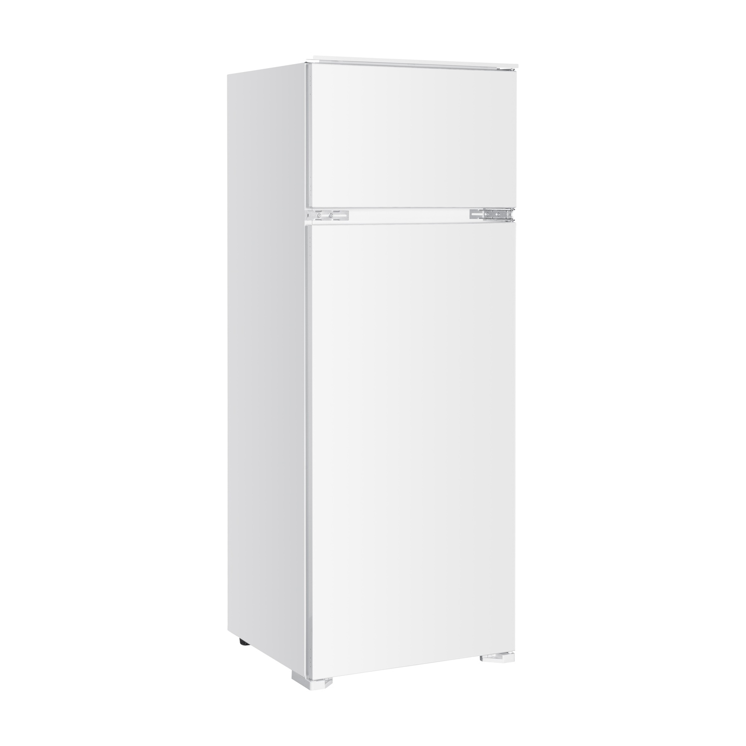 Un frigorifero bianco con due porte, in piedi su uno sfondo bianco. La porta superiore è più piccola di quella inferiore.