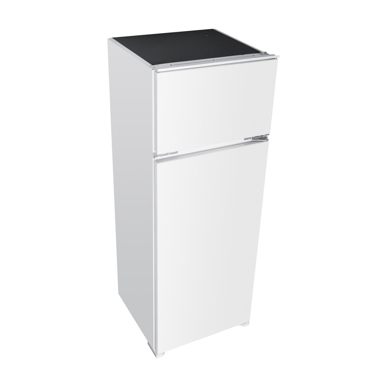 Un frigorifero bianco con la parte superiore nera. Ha due porte e una maniglia. Lo sfondo è bianco.