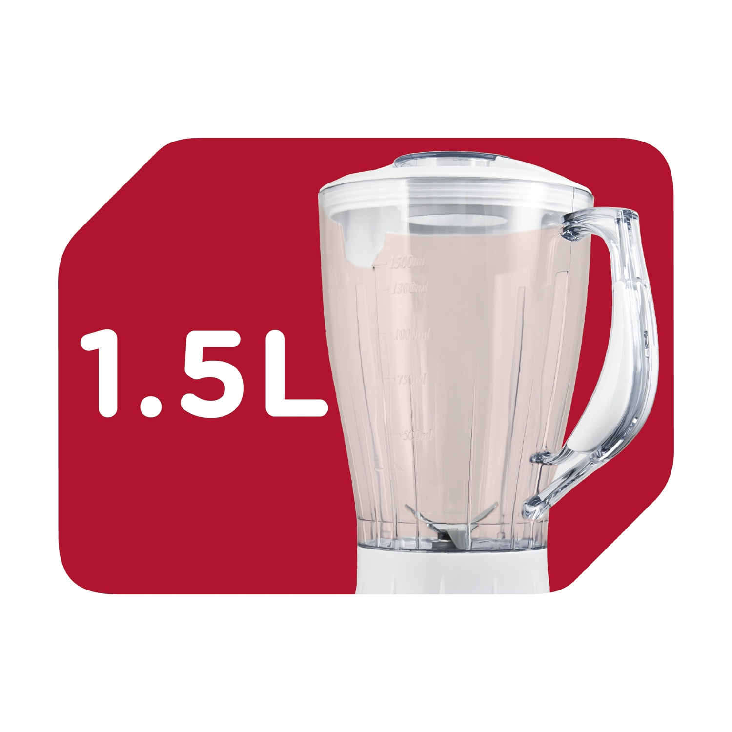 Un frullatore bianco con una caraffa di plastica trasparente è esposto su sfondo rosso con testo 1.5L. La caraffa ha segni di misurazione.