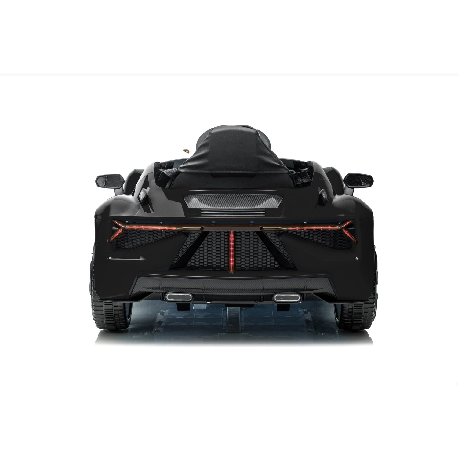 Rear view of a black toy car. Red lights shine. The car has a black cover.