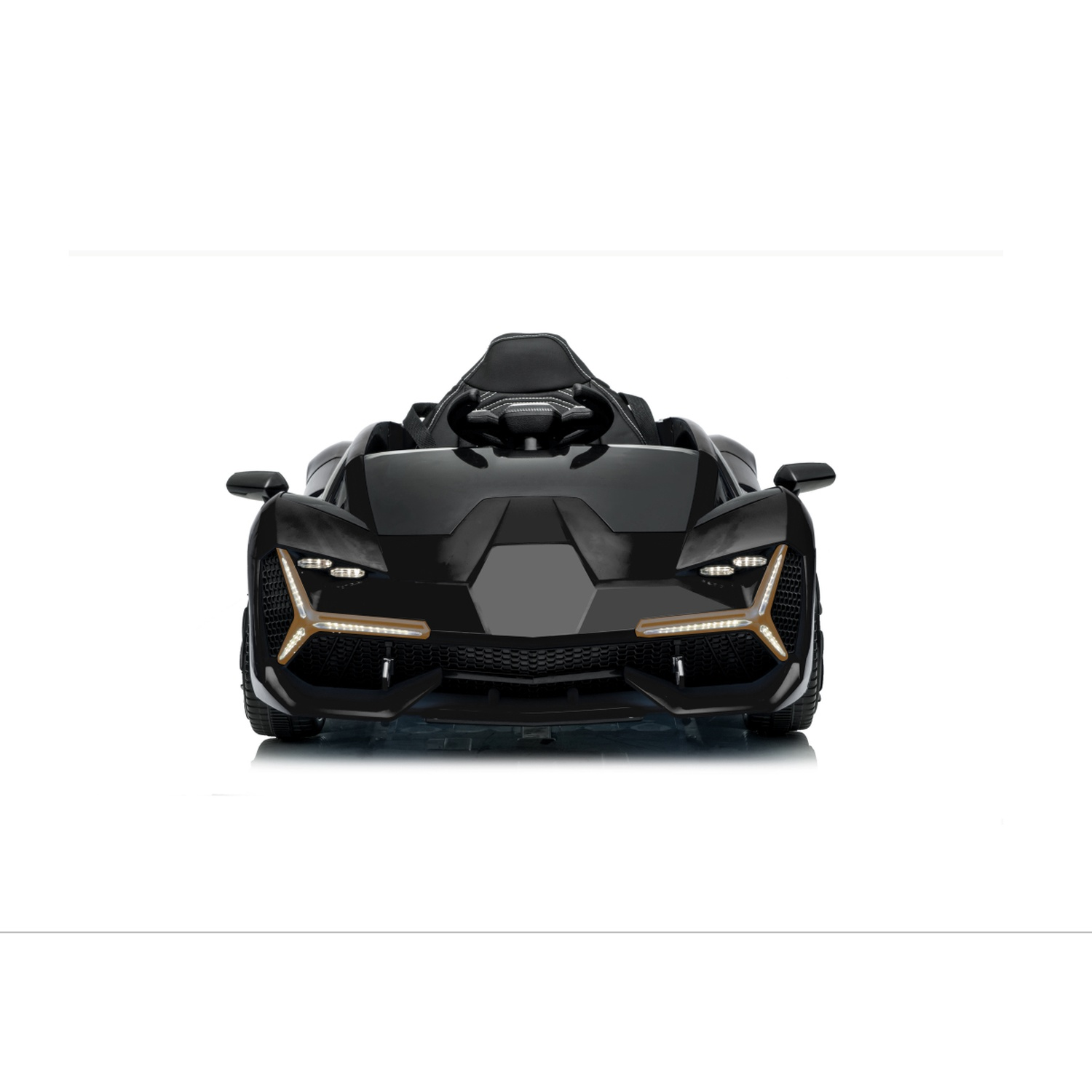 Black toy car with gold-accented headlights, front view. It is set against a white background, showing the car's sleek design.