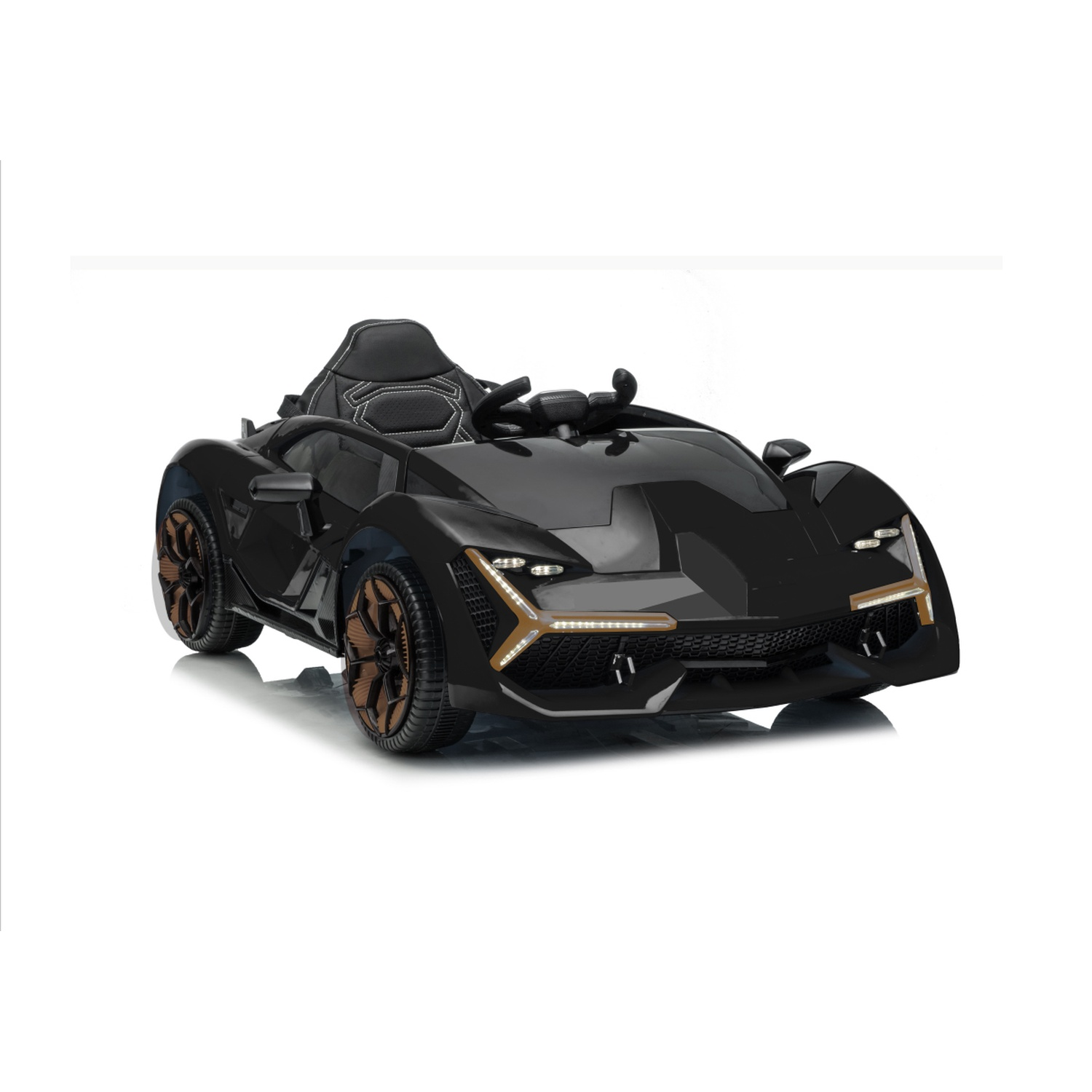 A black toy car with gold accents on a white background. It has a single seat, brown wheels, and headlights. The car is angled to the right.