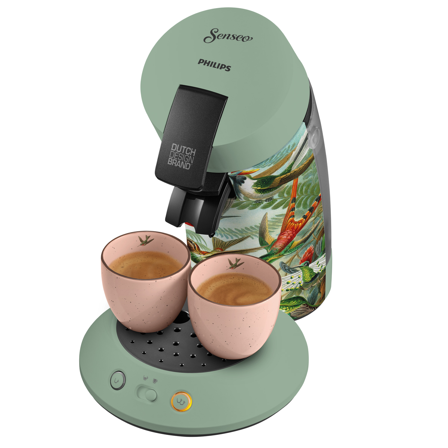 A green Senseo coffee machine with two cups of coffee. The machine has a bird design and the cups are pink.