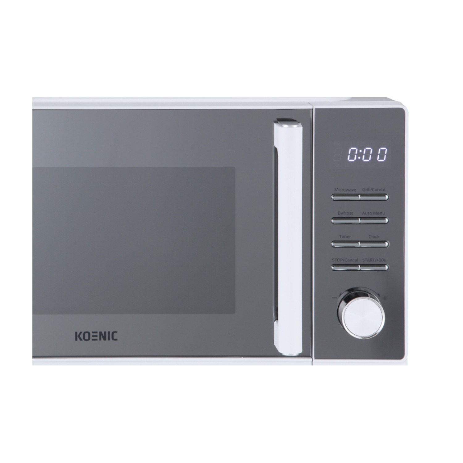 Un forno a microonde Koenic. Ha una porta grigia, una maniglia bianca e pulsanti di controllo. Il display mostra 0:00.